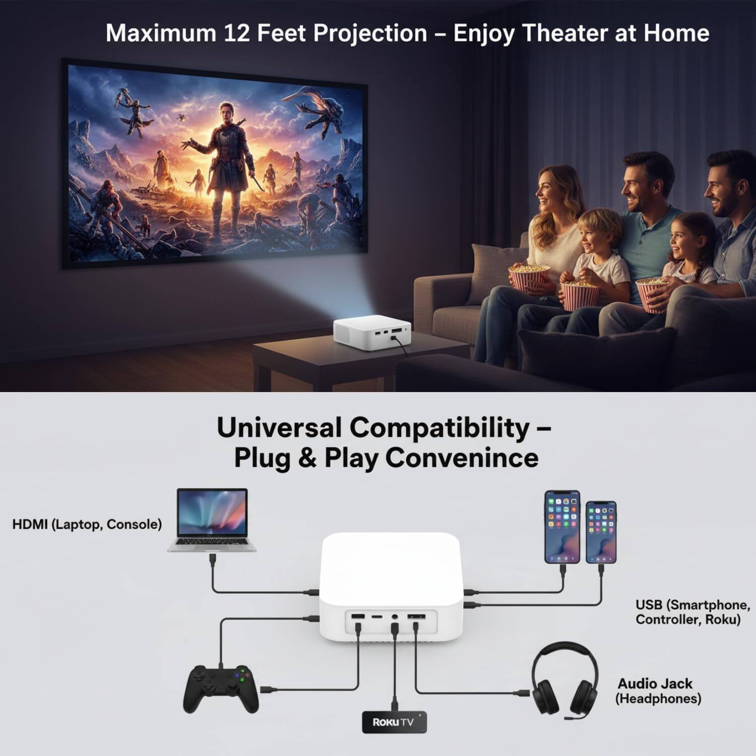 Maximum 12 Feet Projection - Enjoy Theater at Home

Universal Compatibility - Plug & Play Convenience

- HDMI (Laptop, Console)
- USB (Smartphone, Controller, Roku)
- Audio Jack (Headphones)
- Roku TV