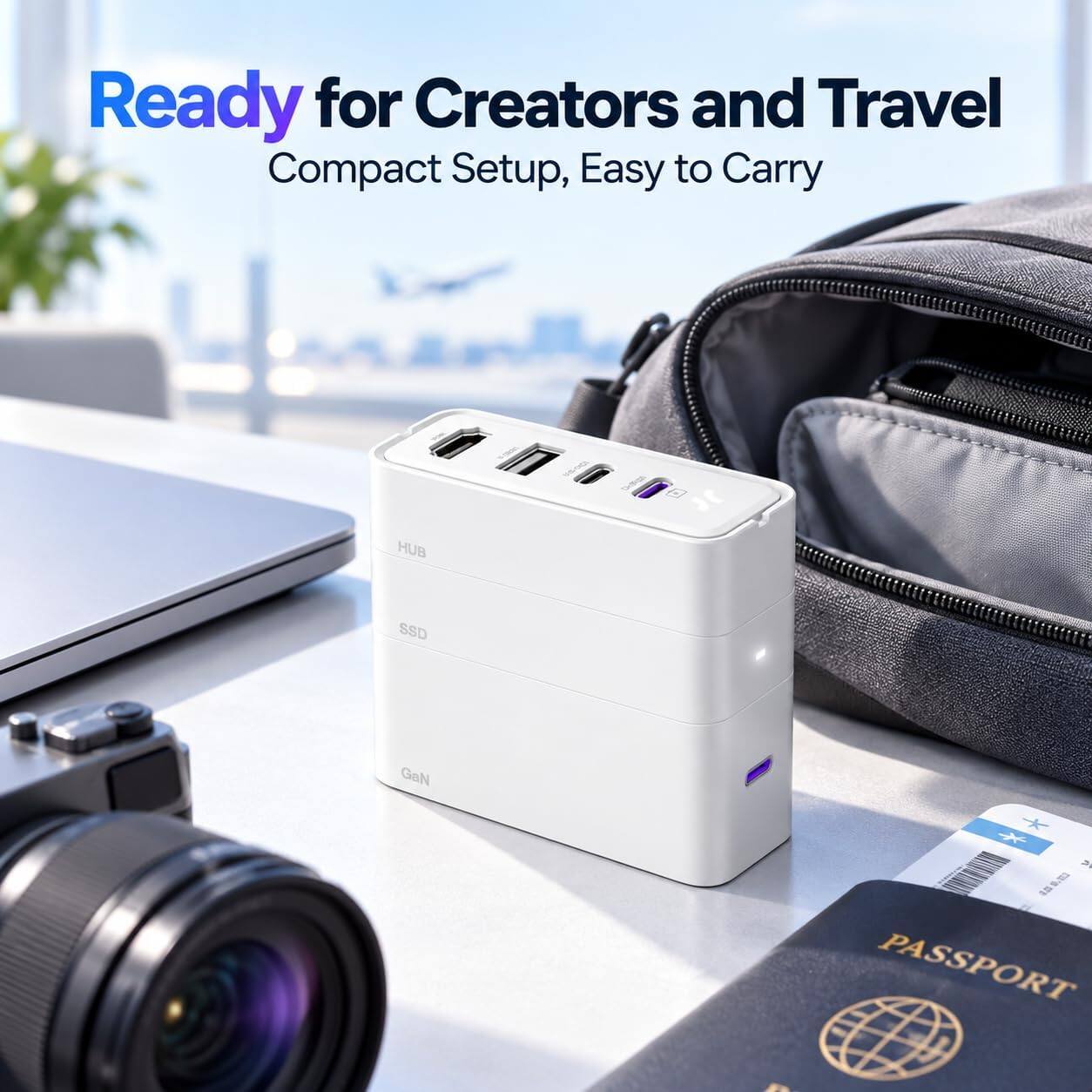 Ready for Creators and Travel  
Compact Setup, Easy to Carry  

HUB  
SSD  
GaN  
PASSPORT