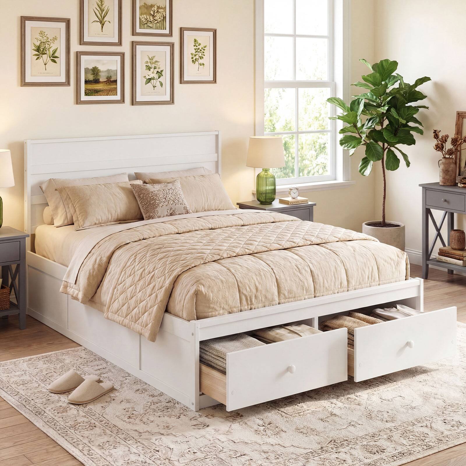 Alt View 1. Gymax - Gymax Full Size Bed Frame w/Storage Drawers Headboard Wooden Slat Support White - White.