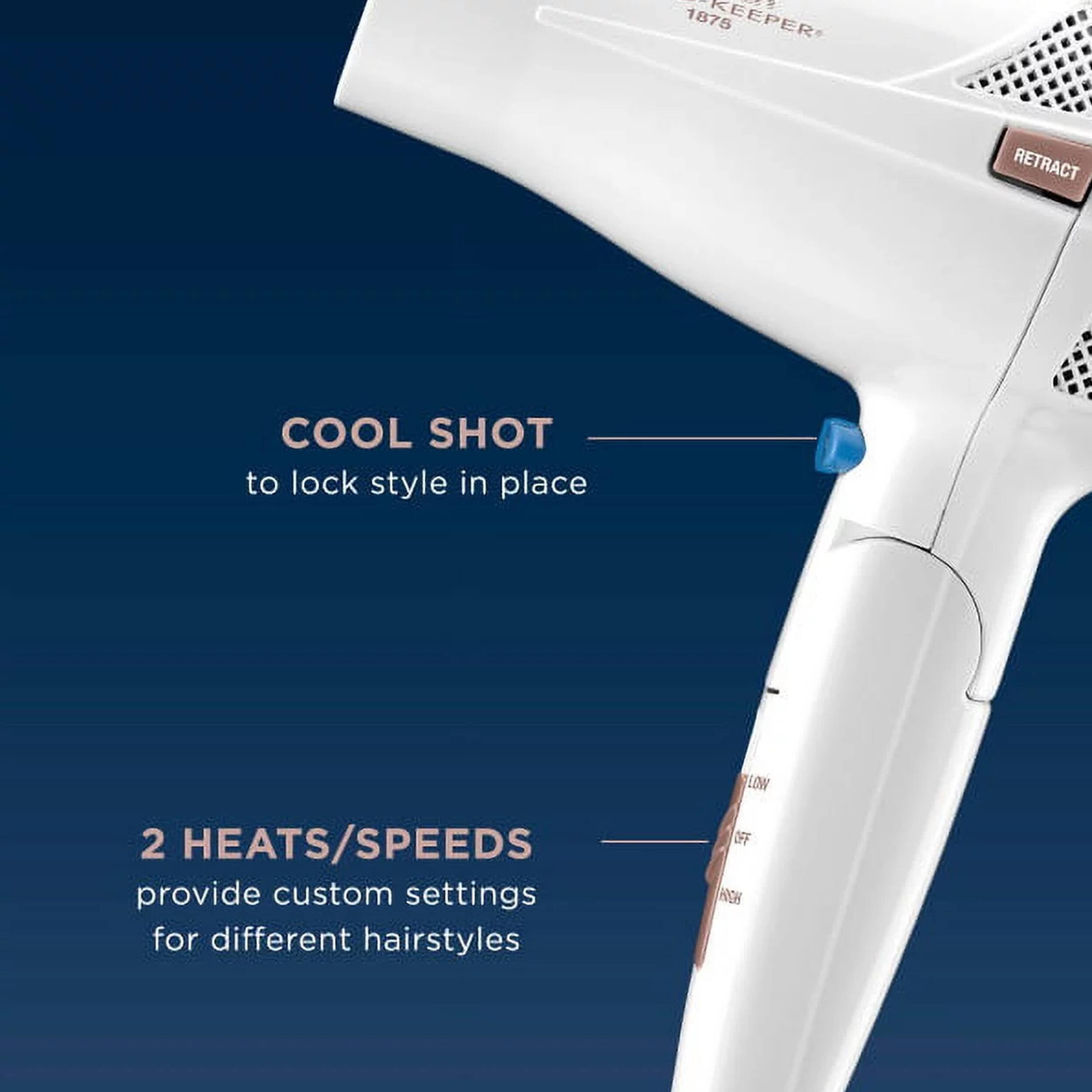 AER -9 1875 REEPER RETRACT COOL SHOT to lock style in place LOW 2 HEATS/SPEEDS provide custom settings for different hairstyles OFF HH