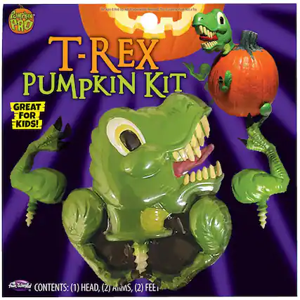 For Ages 5 And Up Adult Supervision Required This is a Decoration Not a Toy. PUMPKIN PRO T-REX PUMPKIN KIT GREAT FOR KIDS! fun World CONTENTS: (1) HEAD, (2) ARMS, (2) FEET