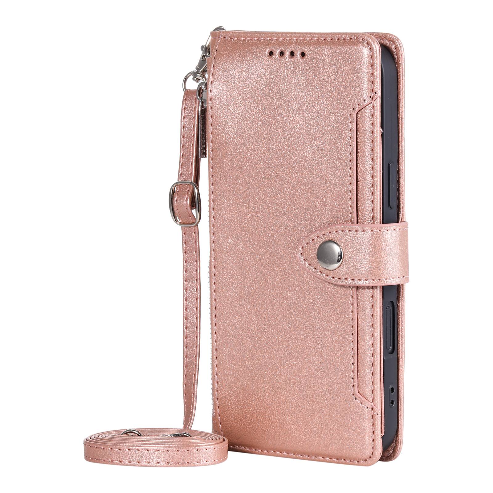 Angle. Dteck - Wallet Case for Apple iPhone 16 Plus Crossbody Premium Leather Kickstand Zipper Card Slot Cover With Strap+Lanyard - Rosegold.