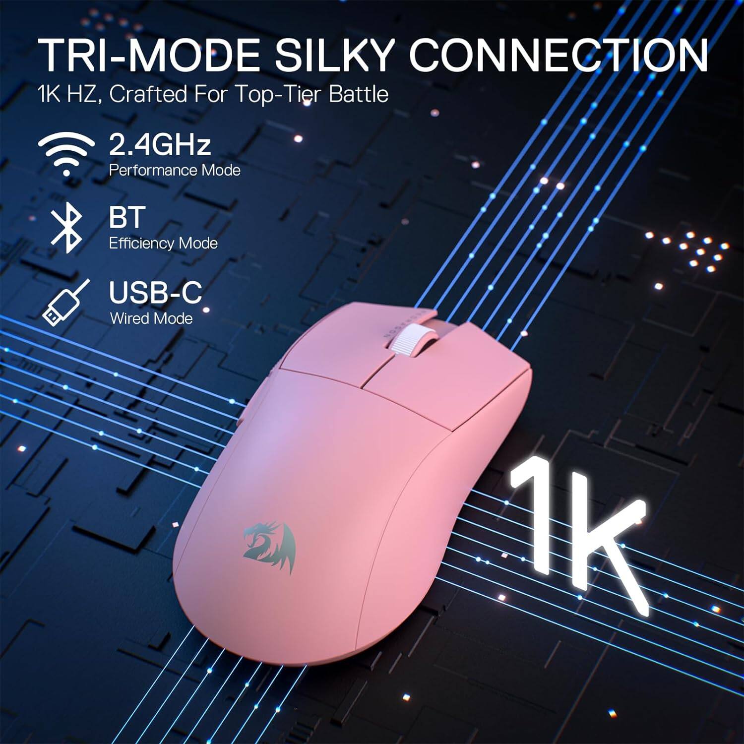 TRI-MODE SILKY CONNECTION  
1K HZ, Crafted For Top-Tier Battle

2.4GHz Performance Mode  
BT Efficiency Mode  
USB-C Wired Mode