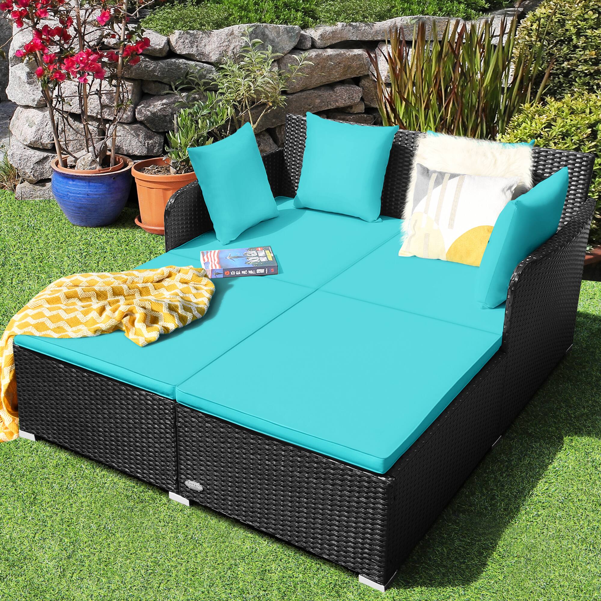 Alt View 2. Gymax - Gymax Rattan Patio Daybed Loveseat Sofa Yard Outdoor w/ Turquoise Cushions Pillows - Turquoise.
