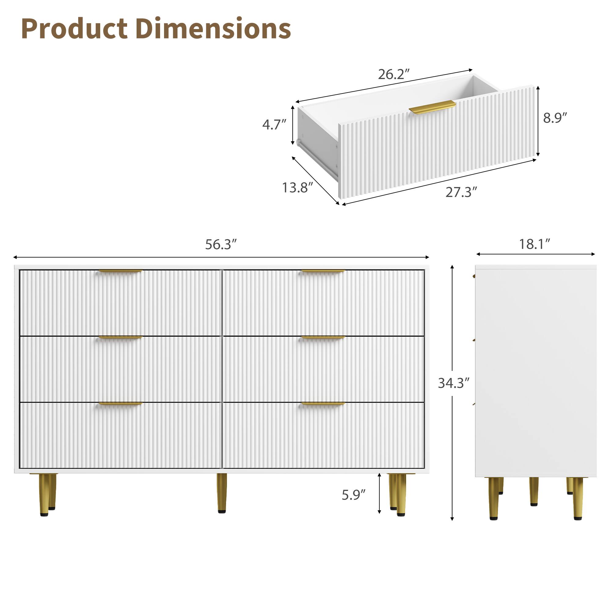 Product Dimensions

- Length: 56.3"
- Width: 34.3"
- Height: 18.1"
- Drawer Dimensions:
  - Length: 27.3"
  - Width: 26.2"
  - Height: 8.9"
- Drawer Handle Height: 4.7"
- Drawer Handle Width: 13.8"
- Leg Height: 5.9"