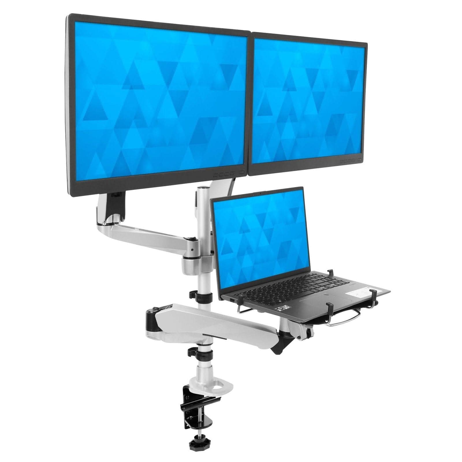 Angle. Mount-It! - Dual Monitor Desk Mount for Up to 27″ Screens + Laptop Mount with Cooling Fan, Silver - Silver.