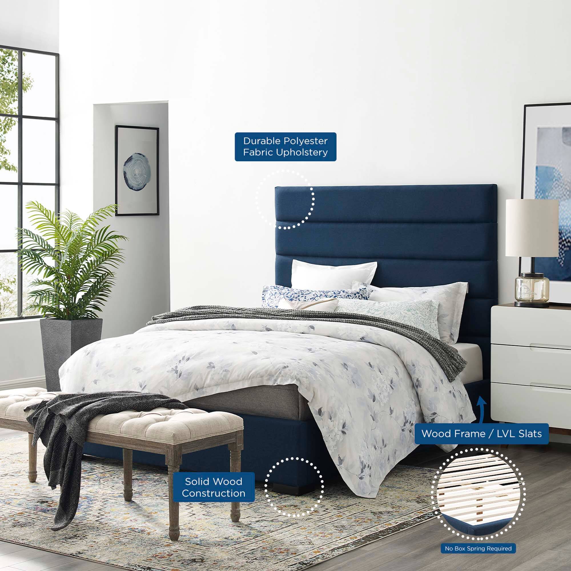 - Durable Polyester Fabric Upholstery
- Wood Frame / LVL Slats
- Solid Wood Construction
- No Box Spring Required