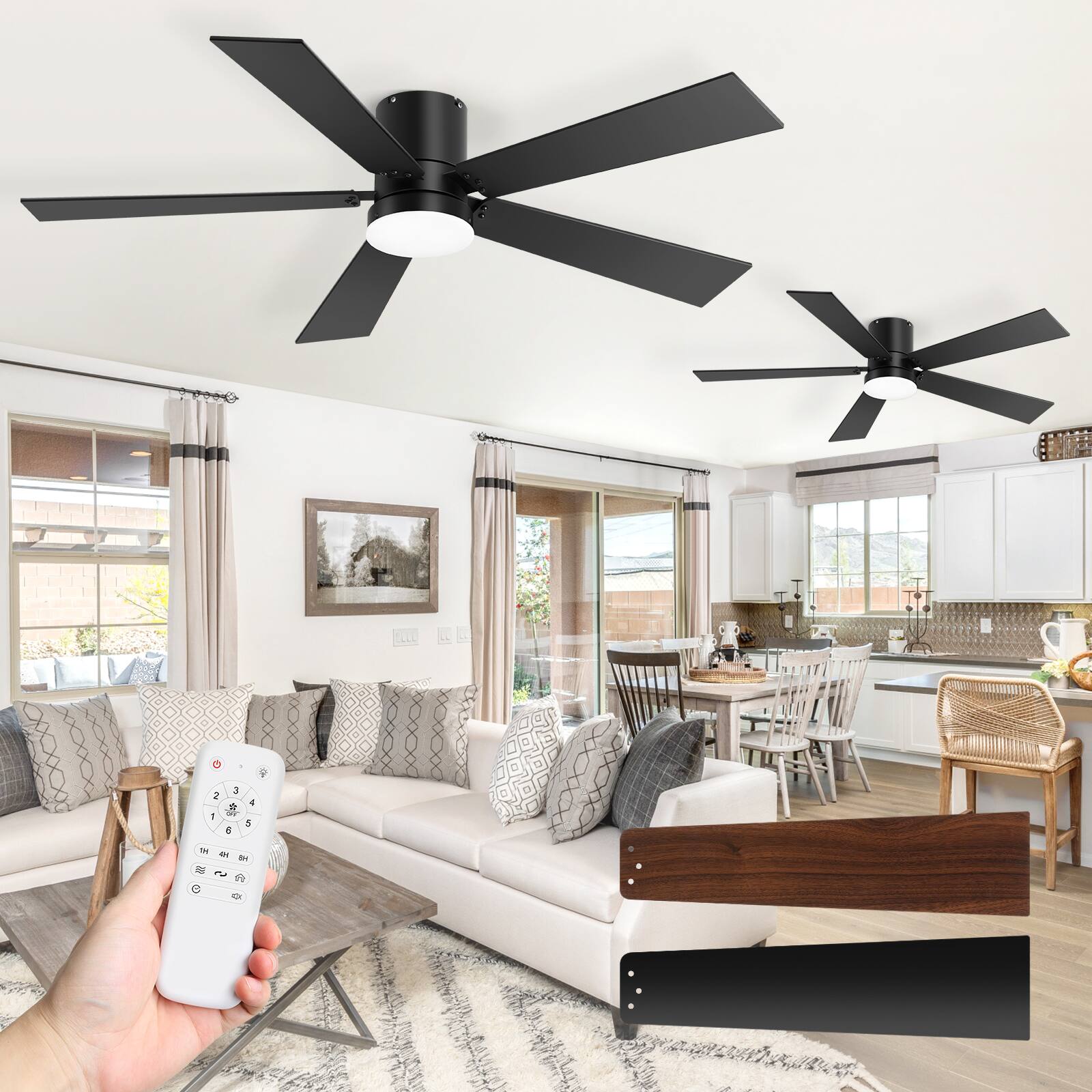 Alt View 1. Breezary - 42-Inch Ceiling Fan with LED Light, Dual-Color Reversible Plywood Blades, Flush Mount 2-Pack, DC Motor, Remote - Black (two pack).