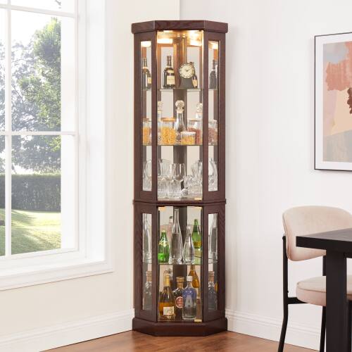 Angle. LUCKY ONE - 15.31in Freestanding Corner Curio Cabinet with Glass Shelves LED Light Display for Wine Bar Collectibles - Cherry.