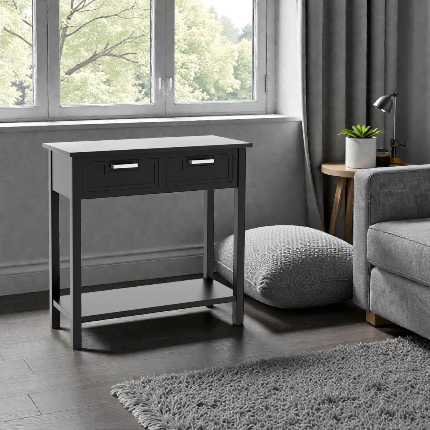 Hivvago - Sleek Hall Table with Built-In Drawers and Open Storage Level - Black