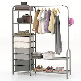 Gymax - Heavy Duty Metal Clothes Rack Freestanding Garment Rack w/ 6 Drawers & Shelves - Gray