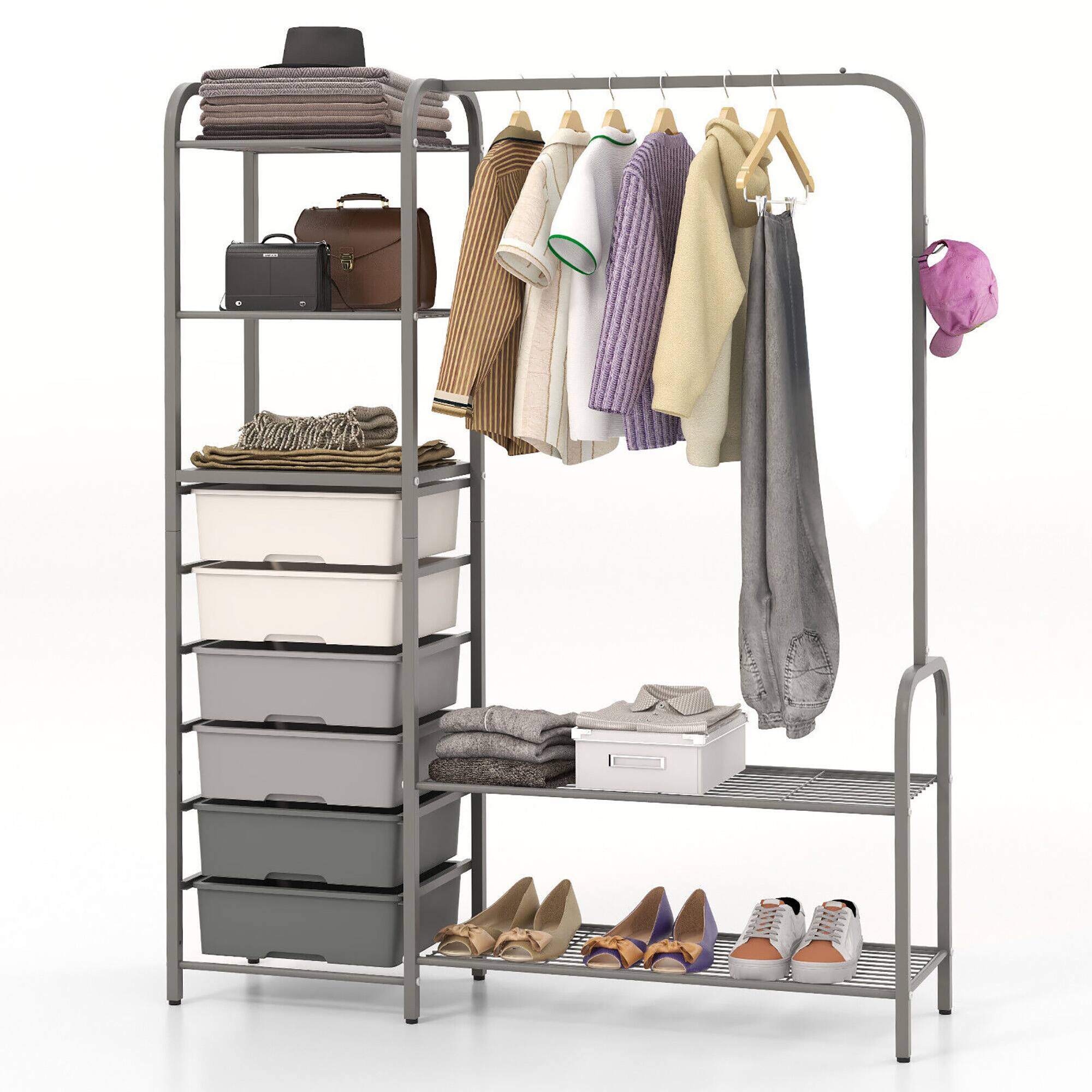 Front. Gymax - Gymax Heavy Duty Metal Clothes Rack Freestanding Garment Rack w/ 6 Drawers & Shelves - Grey.