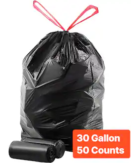 VEVOR - Drawstring Trash Bags, 30 Gallon 50 Count Tall Kitchen Trash Bags, Extra Thick Tough and Durable Garbage Bag - Black