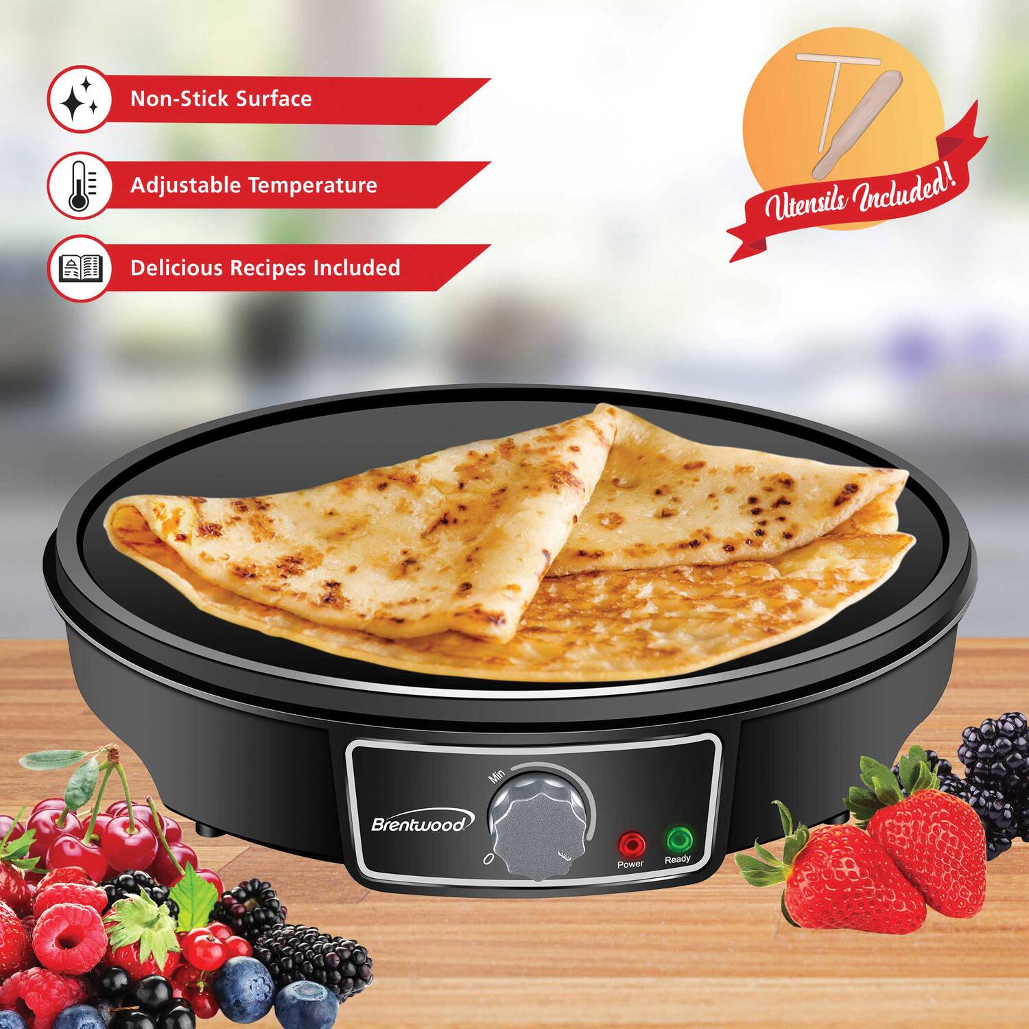 - Non-Stick Surface
- Adjustable Temperature
- Delicious Recipes Included
- Utensils Included!
- Brentwood Power Ready