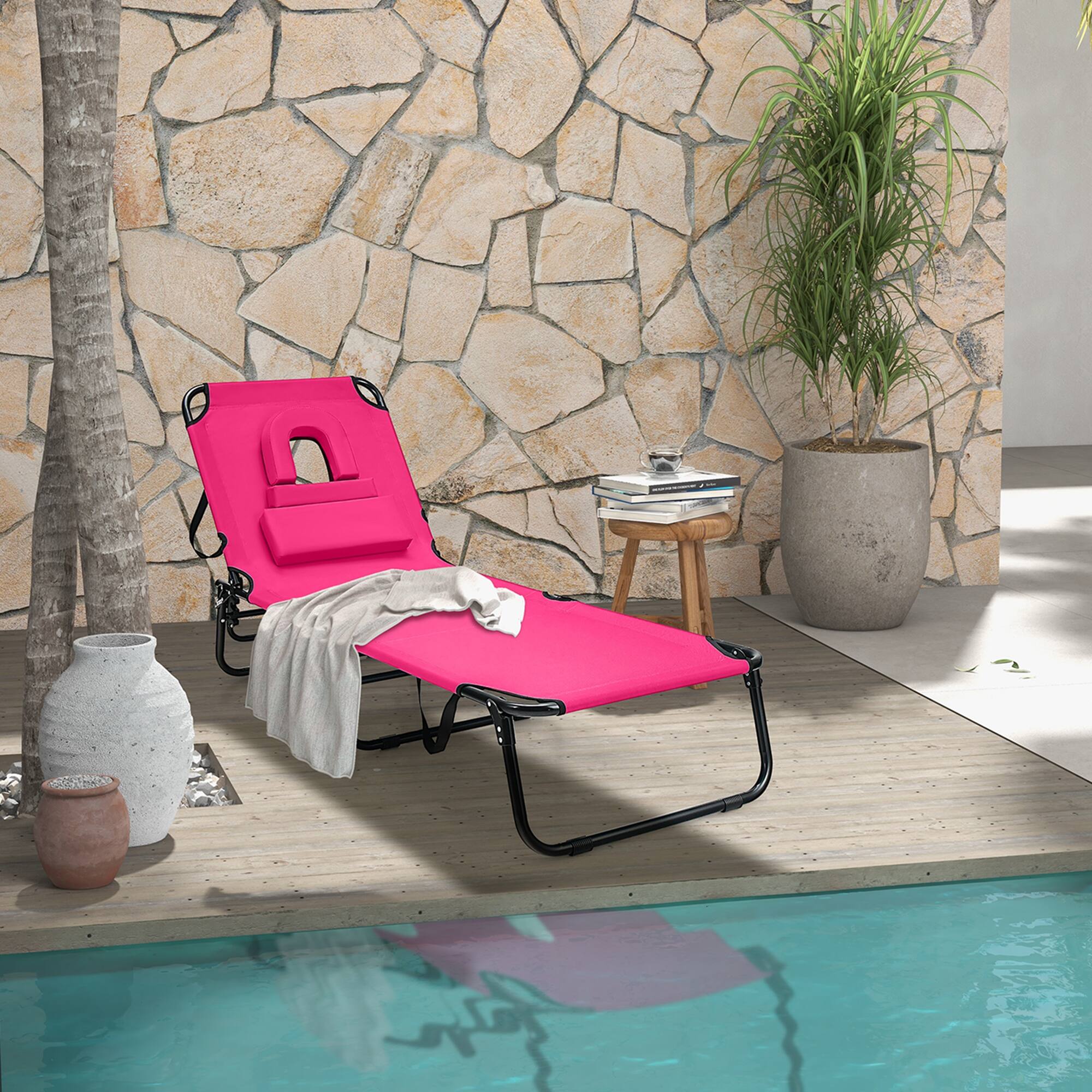 Alt View 1. Costway - Costway 2 PCS Beach Chaise Lounge Chair with Face Hole Pillows & Adjustable Backrest - Pink.