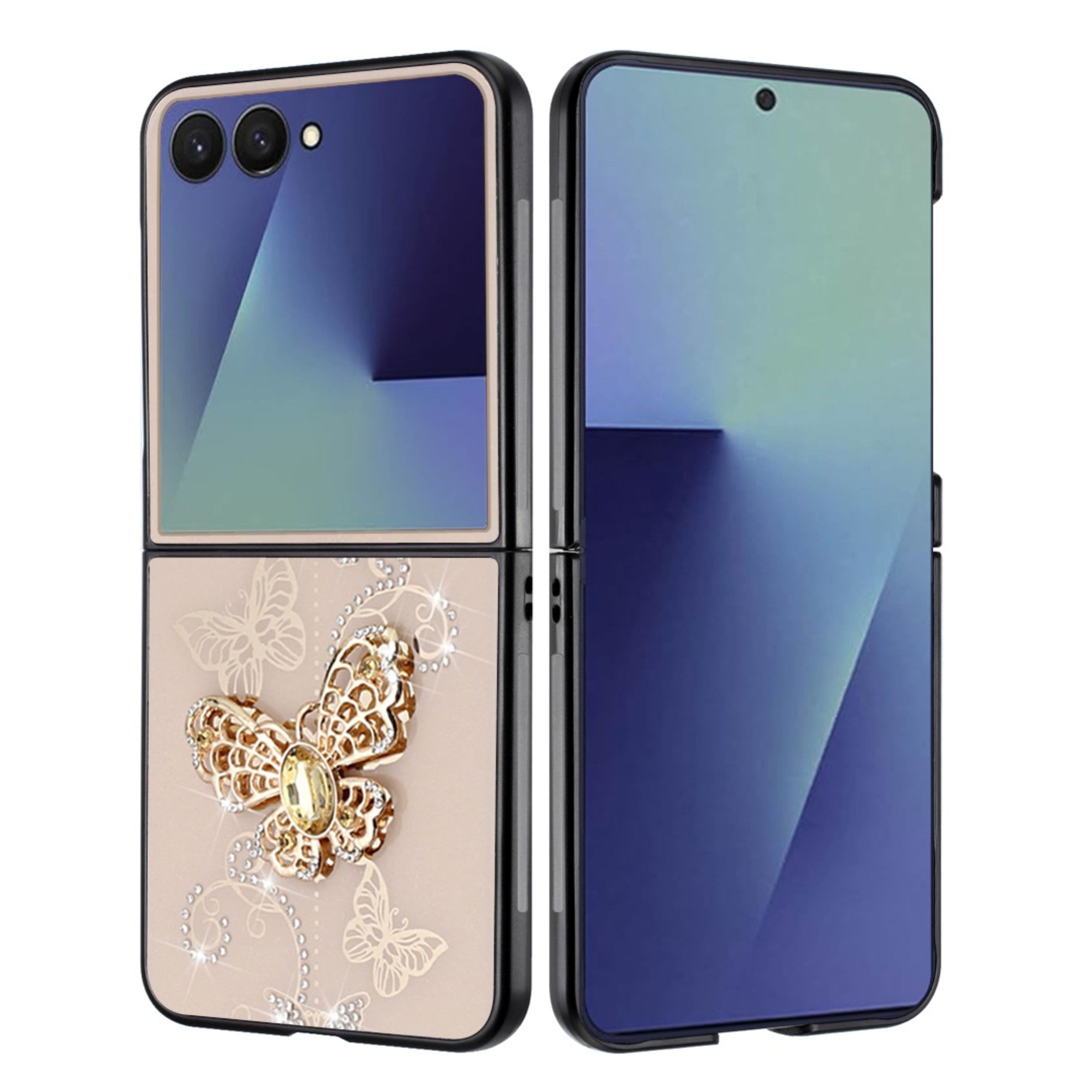 Kitcheniva - Rhinestone Glitter Cover Case With Tempered Glass For Samsung Z Flip7 Butterflies Gold - Garden Butterflies Gold