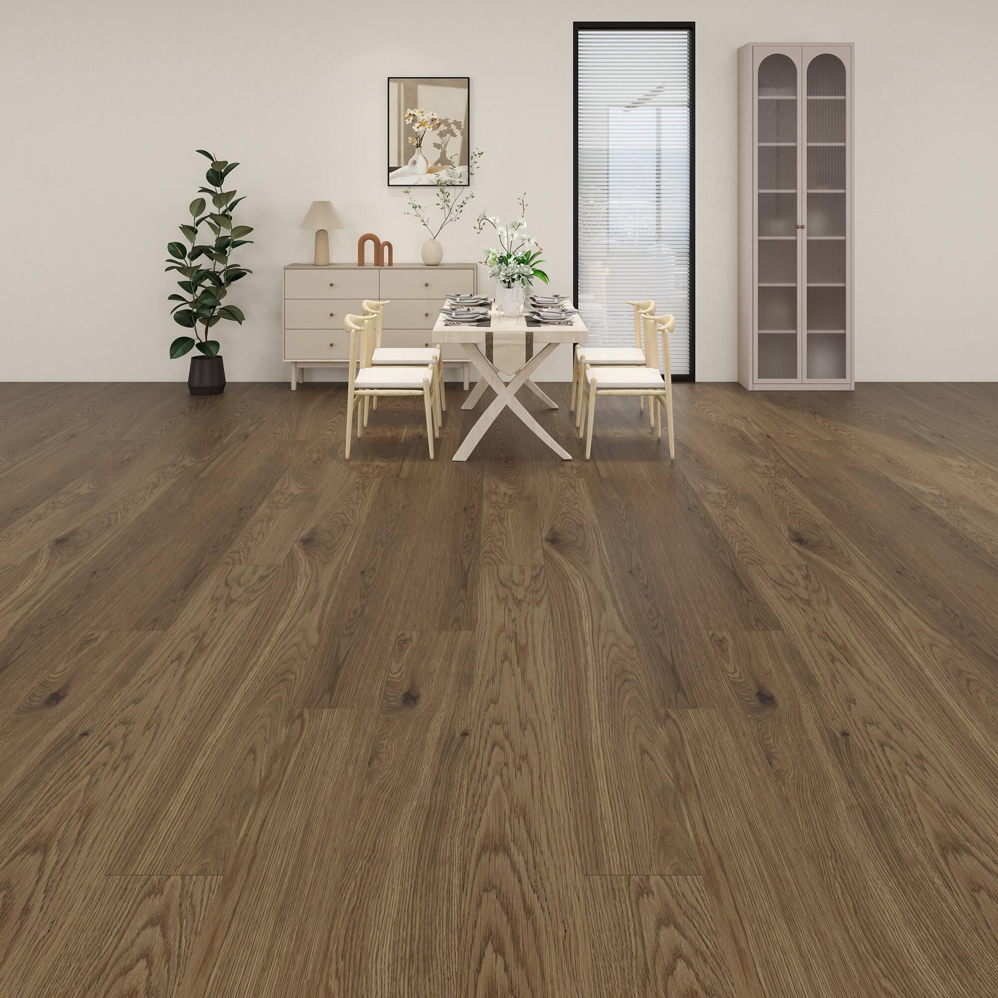Angle. Dotfloor - Superoak SEKET Laminate Flooring - 48"x7.7" Planks, 8 Planks/Box (20.56 sq ft/Box), 12mm Thick, AC4 Wear Rating - Plain Brown.