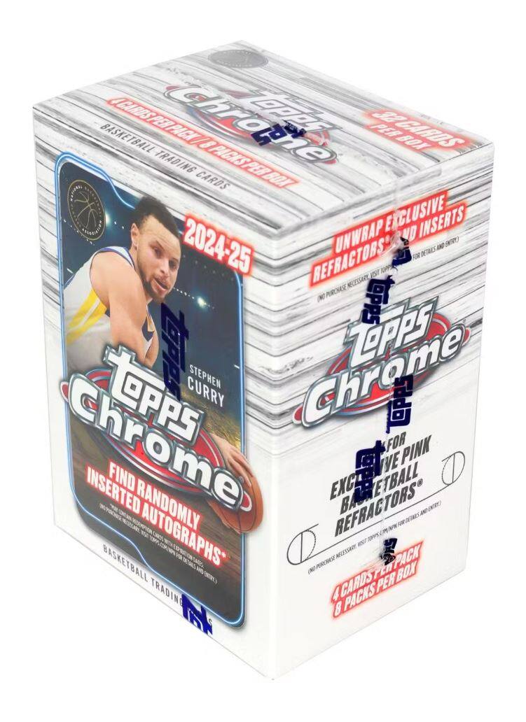 Topps Chrome  
2024-25  
Basketball Trading Cards  

4 Cards Per Pack / 8 Packs Per Box  

Find Randomly Inserted Autographs*  
Basketball Trading Cards  

Topps Chrome  
Basketball  
Exclusive Inserts  
Unwrap Exclusive Inserts  

4 Cards Per Pack  
8 Packs Per Box  

Stephen Curry  
Topps Chrome  
For Pink  
Basketball  
Refractions  

*No Purchase Necessary. Visit Topps.com for details and entry.