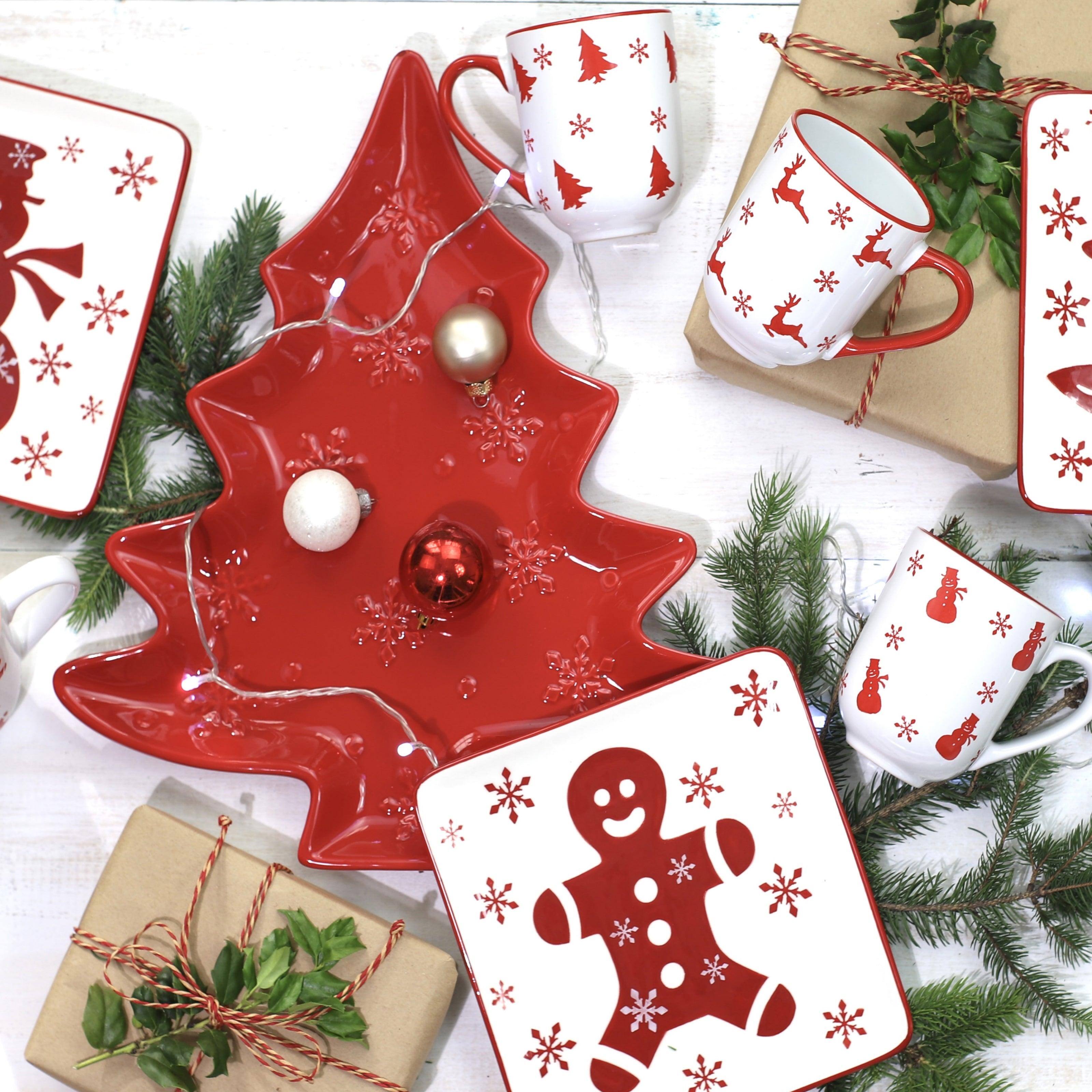 Left. Euro Ceramica Home - Winterfest Large 16'' Tree Shape Red Ceramic Platter - Red.