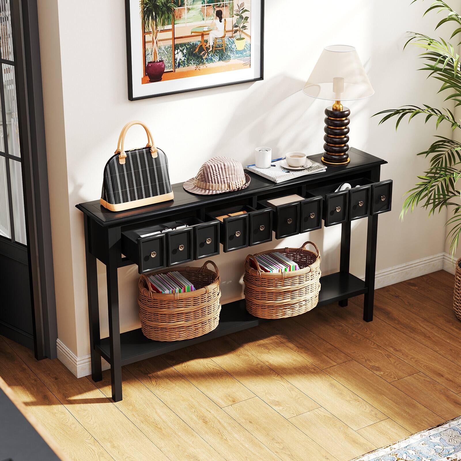 Alt View 4. Gymax - Gymax 60'' Long Narrow Console Table w/4 Drawers & Open Storage Shelf Anti-Tip Kit Black - Black.