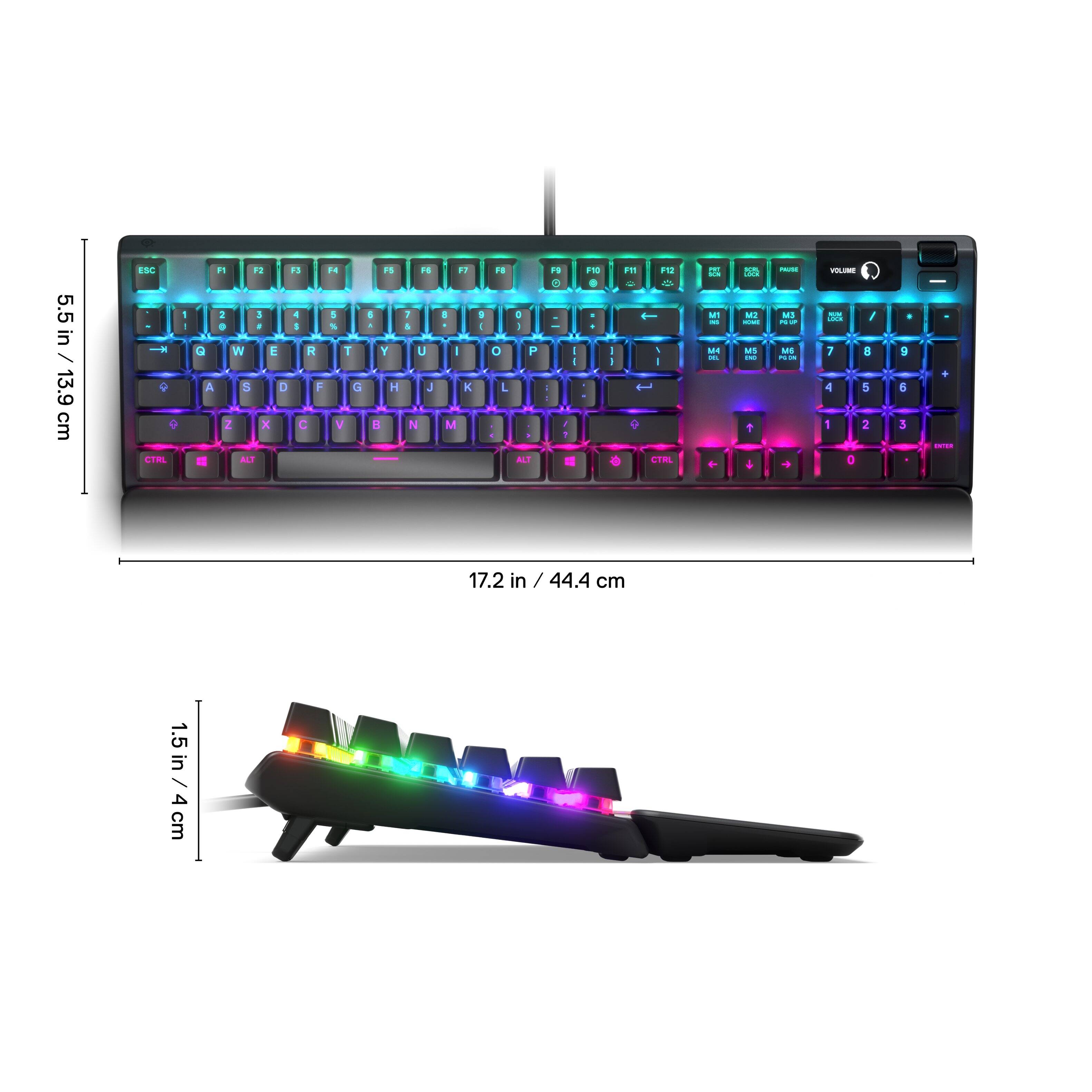 The image shows a keyboard and a keyboard stand. The keyboard is colorful and has a rainbow design. The stand is black and has a rainbow light on it. The keyboard is 17.2 inches (44.4 cm) in length, and the stand is 1.5 inches (4 cm) in length.