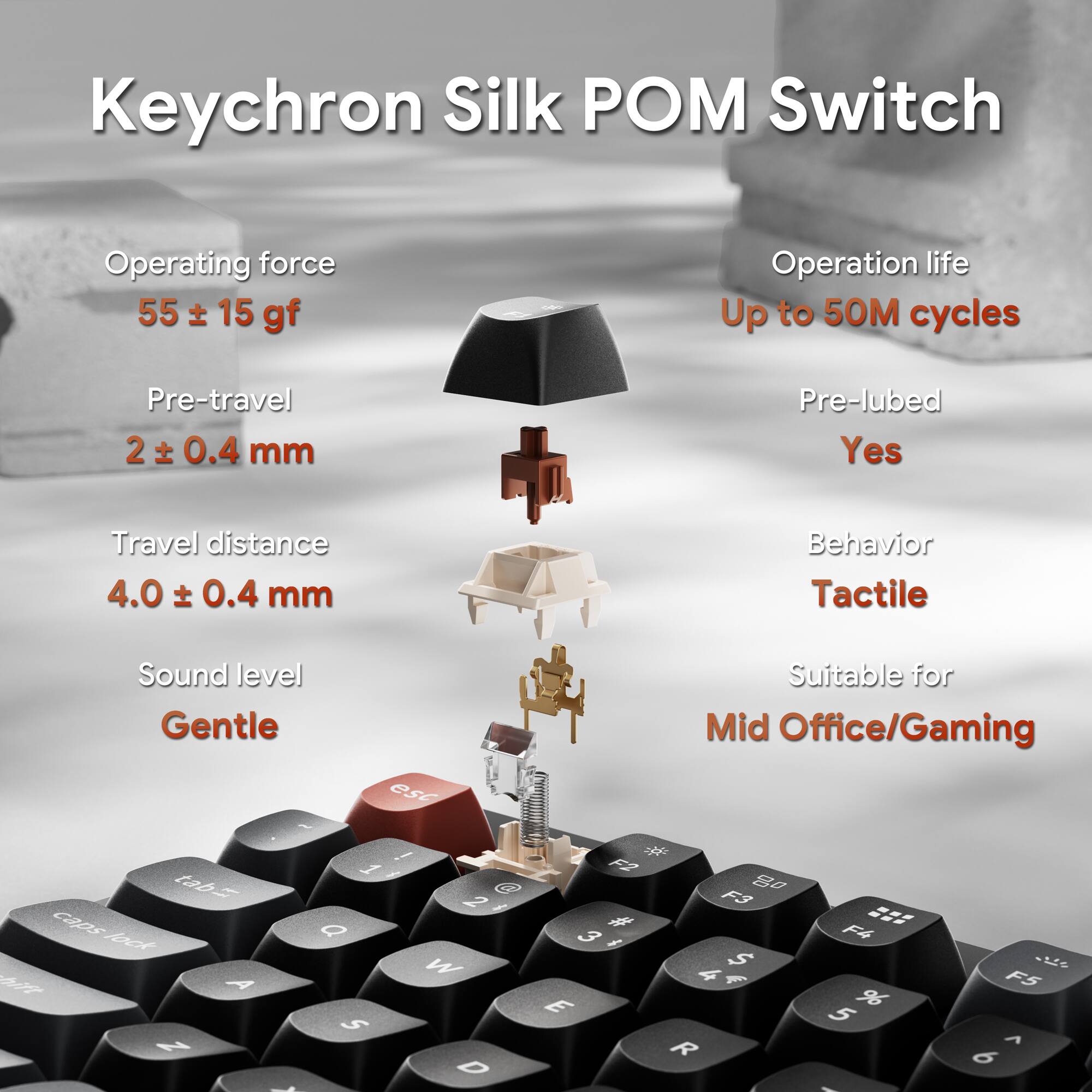 Keychron Silk POM Switch

Operating force: 55 ± 15 gf
Pre-travel: 2 ± 0.4 mm
Travel distance: 4.0 ± 0.4 mm
Sound level: Gentle

Operation life: Up to 50M cycles
Pre-lubed: Yes
Behavior: Tactile
Suitable for: Mid Office/Gaming