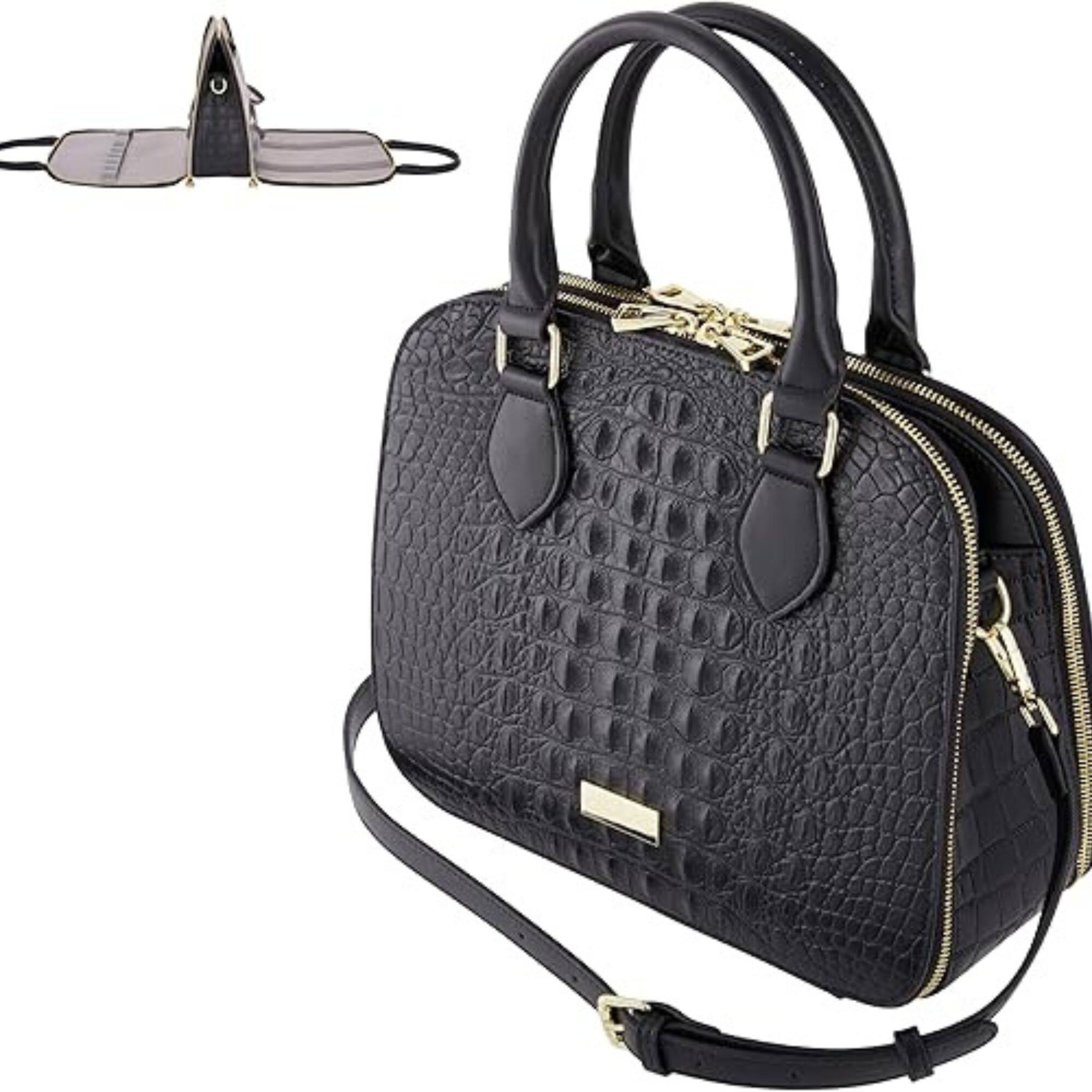 Front. Skymall - Vegan Leather Travel Tote with Pockets – 15.6″ Tablet, Detachable Strap - Black.