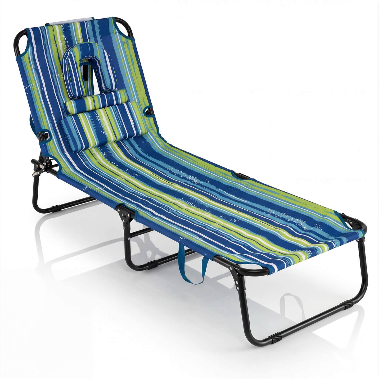 Costway - Folding Beach Sun Lounger with Face Hole & Removable Pillows, 4-Position Backrest - Blue Stripe price history on PriceWatchPro