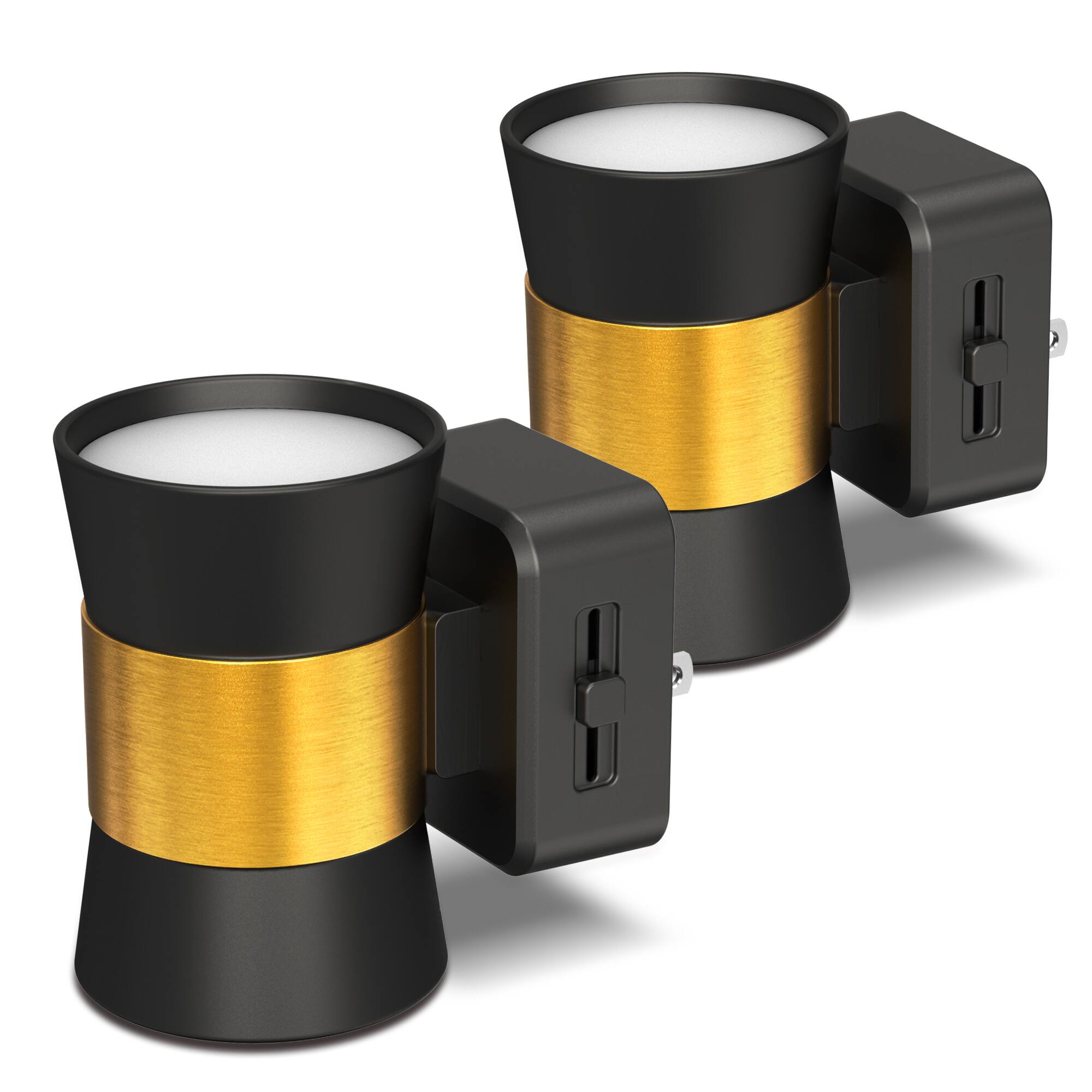 Front. Jandcase - JANDCASE 2-Pack 1W  Plug-in Night Light, 3000K Warm Glow, Mini Bell Dual Shade, Gold Accent, Up/Down Light, Slide Dimmer - Black and Gold.