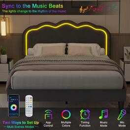 Vecelo - Queen LED Bed Frame with RGB Lighting & Charging Station - 800lb Capacity, Adjustable Headboard, Noise-Free Design - Gray