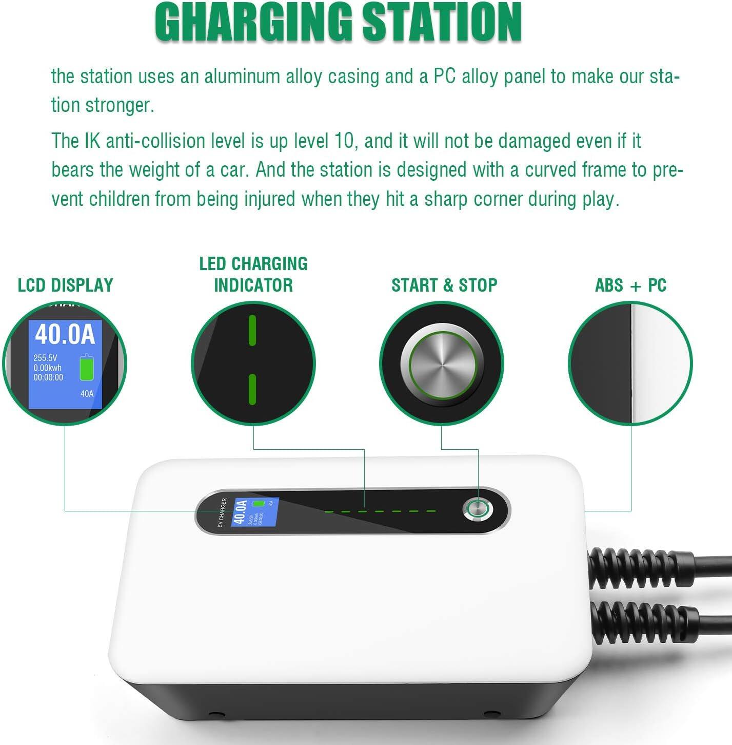 GHARGING STATION

The station uses an aluminum alloy casing and a PC alloy panel to make our station stronger. The IK anti-collision level is up level 10, and it will not be damaged even if it bears the weight of a car. And the station is designed with a curved frame to prevent children from being injured when they hit a sharp corner during play.

LCD DISPLAY
LED CHARGING INDICATOR
START & STOP
ABS + PC

40.0A
255.5V
0.00kWh
00:00:00
40A

EY-CHARGER