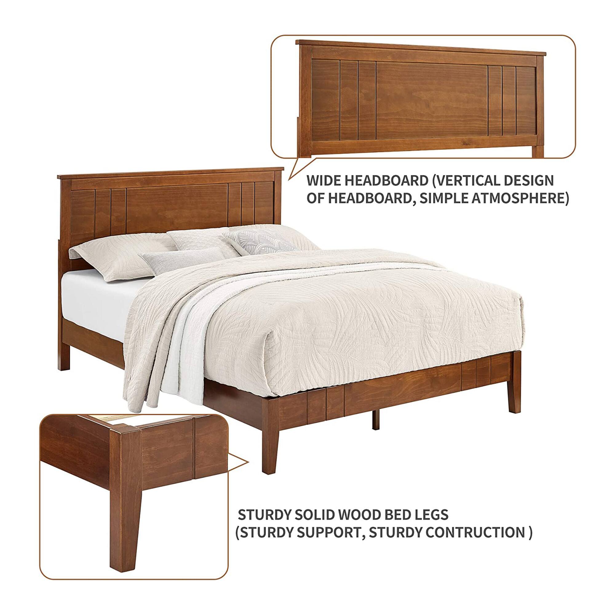 WIDE HEADBOARD (VERTICAL DESIGN OF HEADBOARD, SIMPLE ATMOSPHERE)  
STURDY SOLID WOOD BED LEGS (STURDY SUPPORT, STURDY CONSTRUCTION)