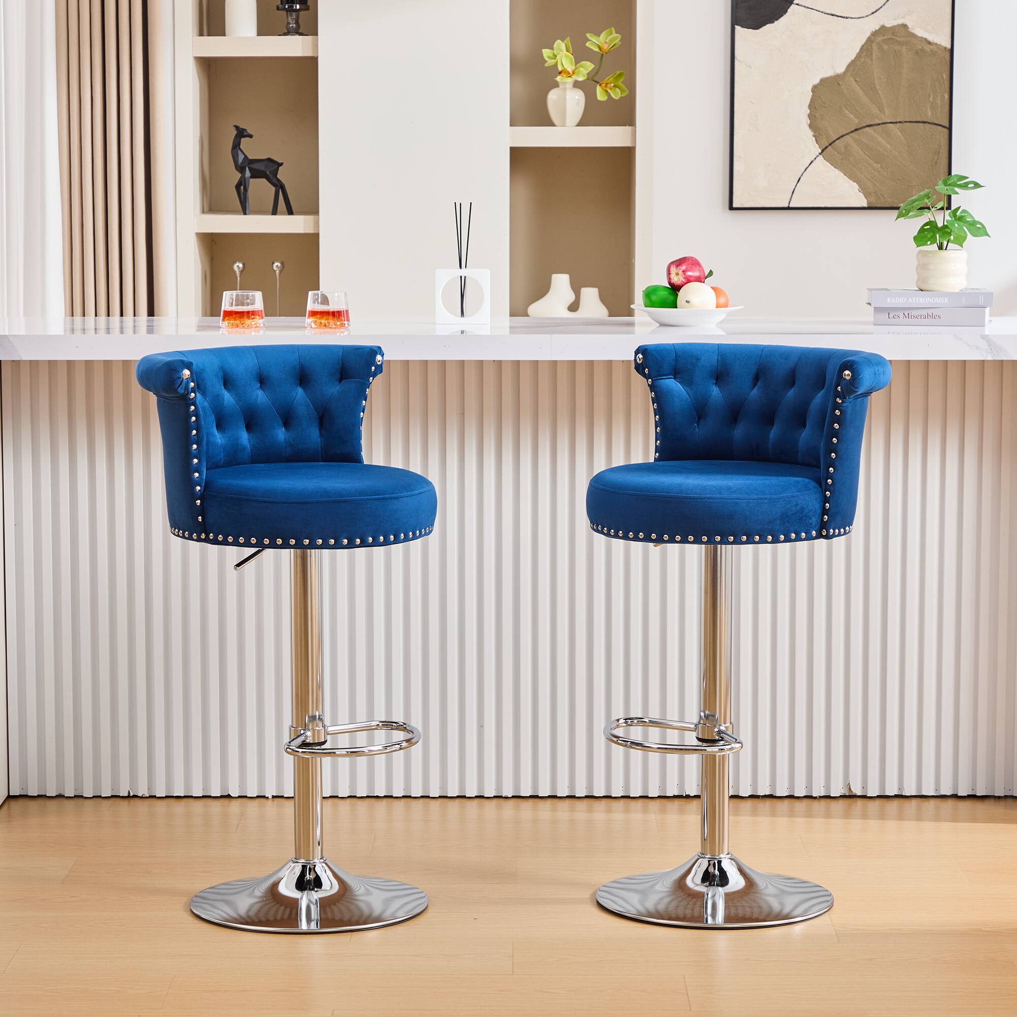 Trinkets Crazed - Velvet Bar Stools Set of 2,Adjustable Counter Height Bar Chairs,Swivel Stools with Nailhead Trim for Kitchen Island - Navy