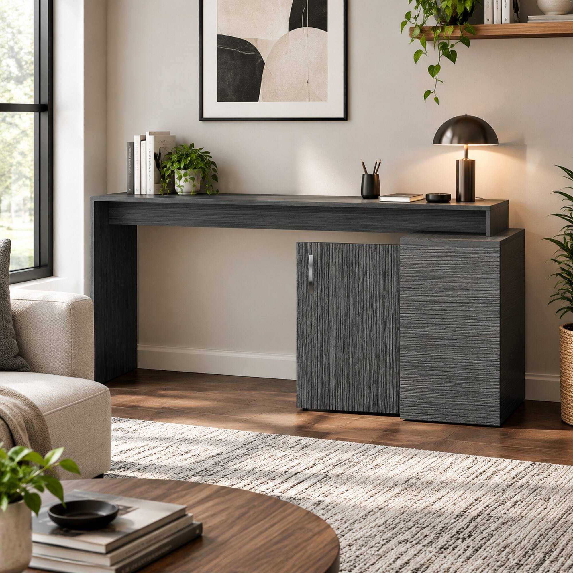 Angle. RYHNUYNE - Modern L-Shaped Computer Desk, Smokey Oak Finish, 59 Inch Corner Workstation, Open Shelves and Storage Cabinet - Gray.