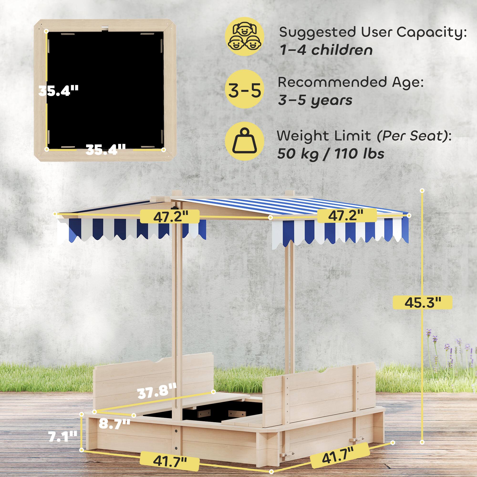 Suggested User Capacity: 1-4 children  
Recommended Age: 3-5 years  
Weight Limit (Per Seat): 50 kg / 110 lbs  

Dimensions:  
- 35.4" x 35.4"  
- 47.2" x 47.2"  
- 45.3"  
- 41.7" x 41.7"  
- 37.8"  
- 8.7"  
- 7.1"