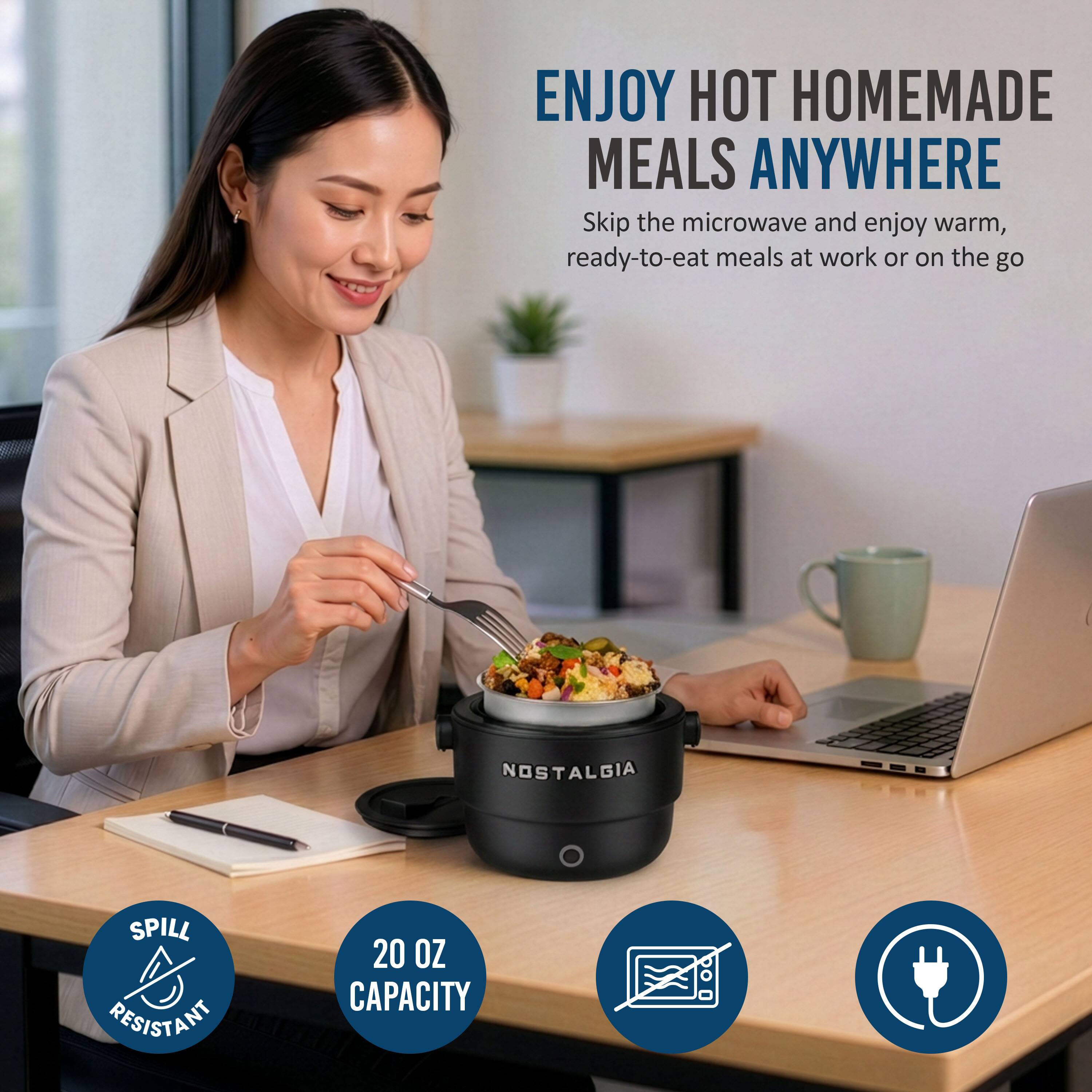 ENJOY HOT HOMEMADE MEALS ANYWHERE  
Skip the microwave and enjoy warm, ready-to-eat meals at work or on the go

NOSTALGIA

SPILL RESISTANT

20 OZ CAPACITY