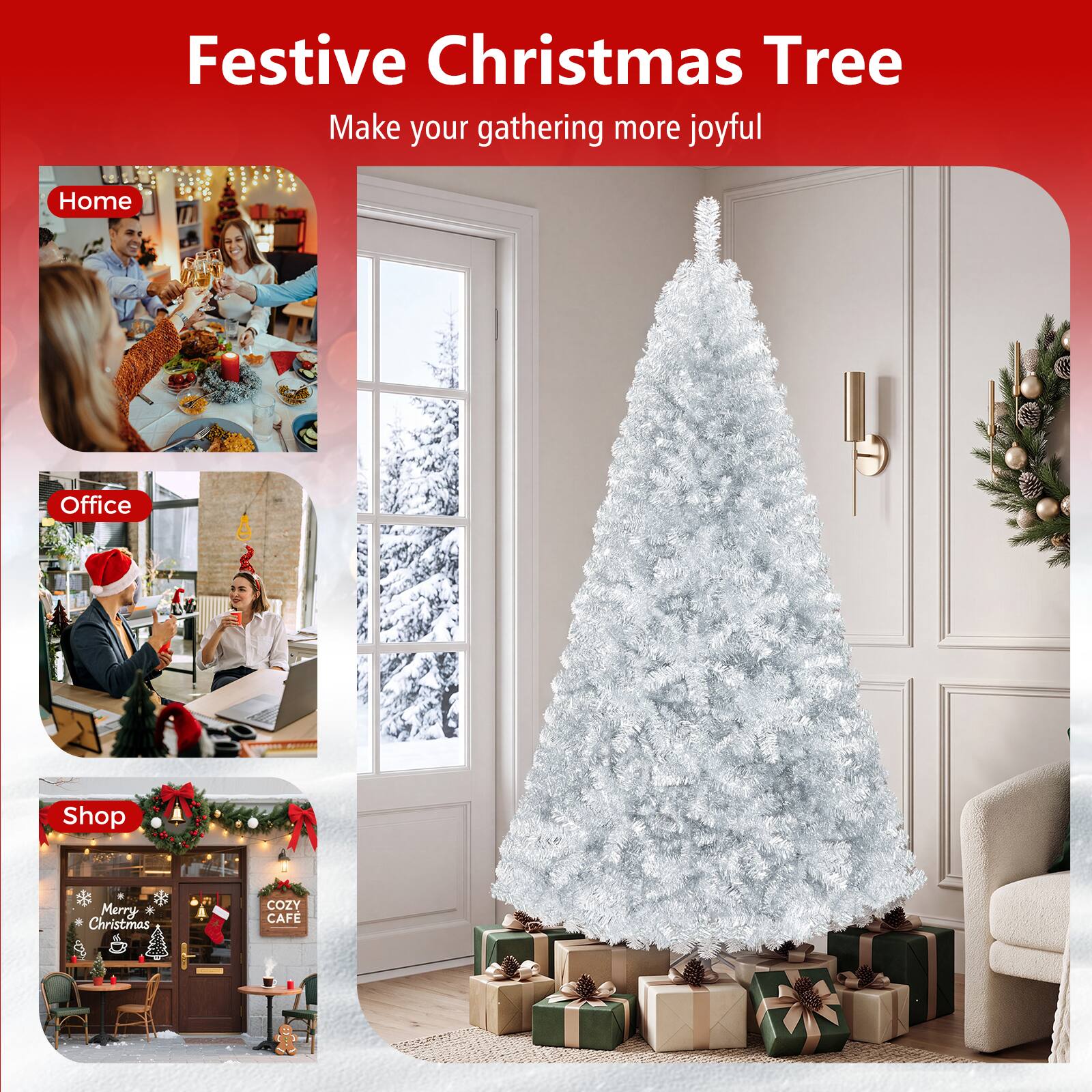 Festive Christmas Tree  
Make your gathering more joyful  

Home  
Office  
Shop  
Merry Christmas  
COZY CAFE