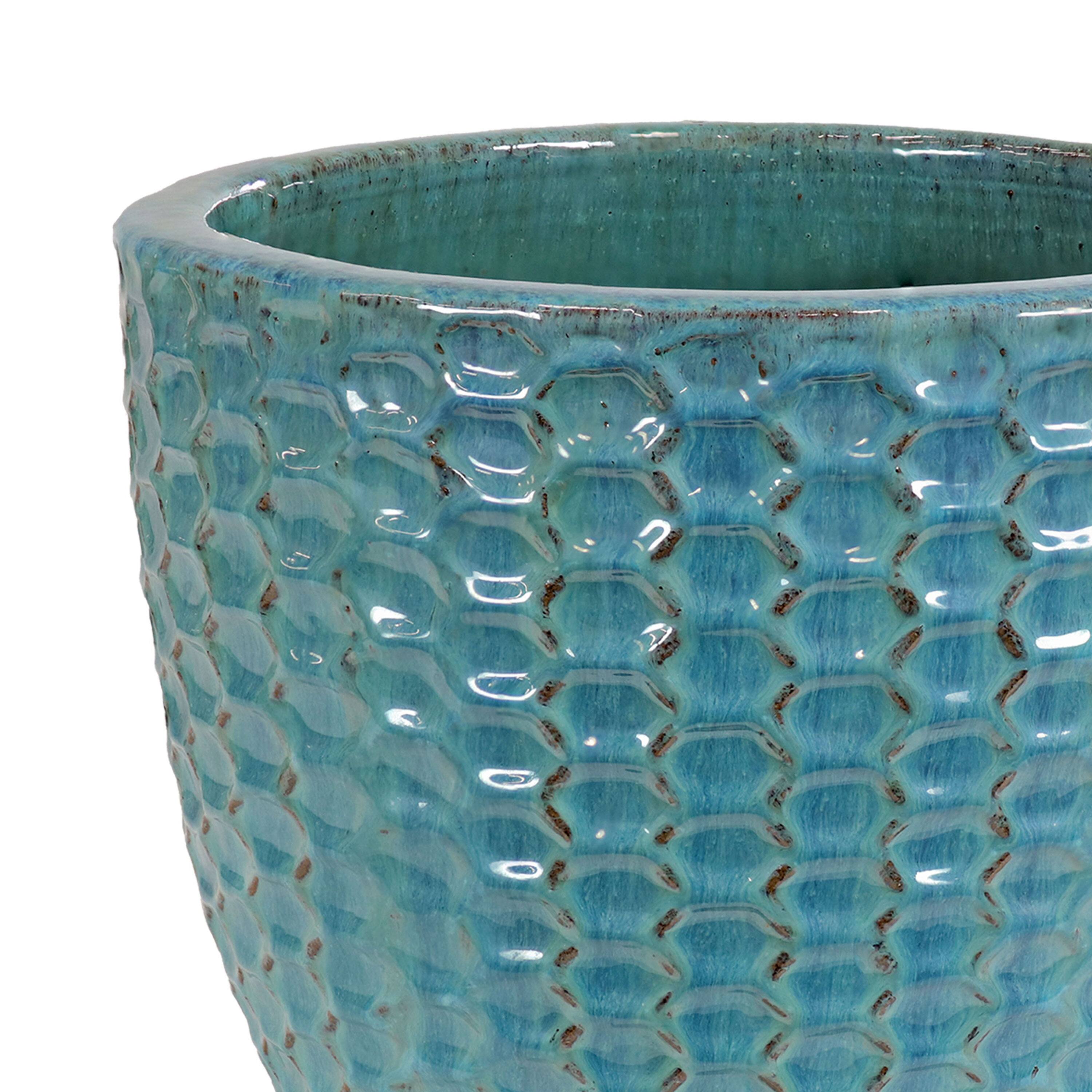 Alt View 7. Sunnydaze - Raised Hexagon Pattern Ceramic Planter - 14" - Cyan.