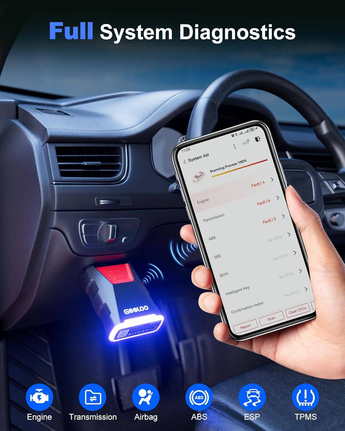 Full System Diagnostics

CND# e vcP

11:05

System list

System 100% Process Scanning

Faults:
- Engine: Fault 14
- Transmission: Fault 6
- ABS: No DTCs
- SRS: No DTCs
- BCM: No DTCs

GOOLOO

Key Intelligent meter Combination Scan Report

No DTCs

Clear DTCs

ABS Engine Transmission Airbag ABS ESP TPMS