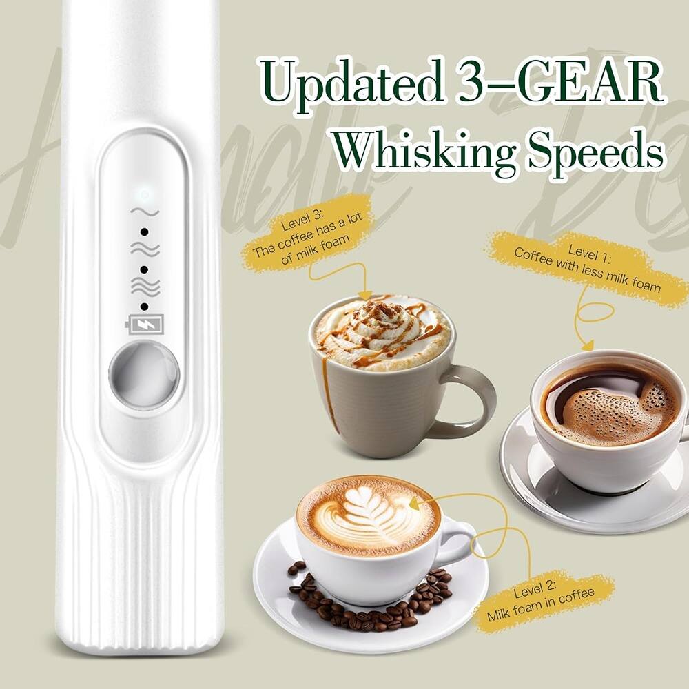 Updated 3-Gear Whisking Speeds

Level 1: Coffee with less milk foam

Level 2: Milk foam in coffee

Level 3: The coffee has a lot of milk foam