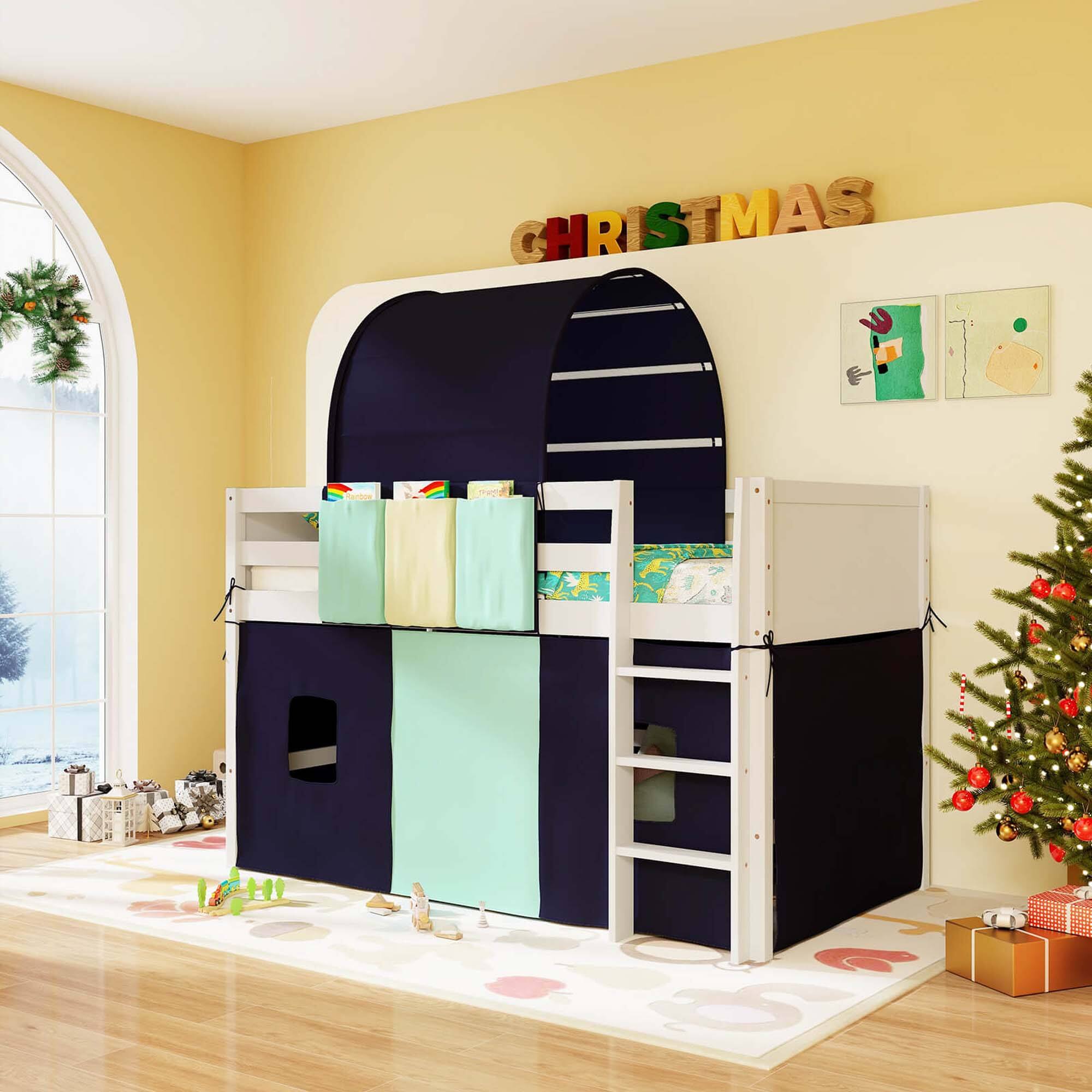 Alt View 7. Costway - Costway Twin Loft Bed with Tower & Tent 3 Storage Pockets Safety Guardrail and Ladder - Navy,White.