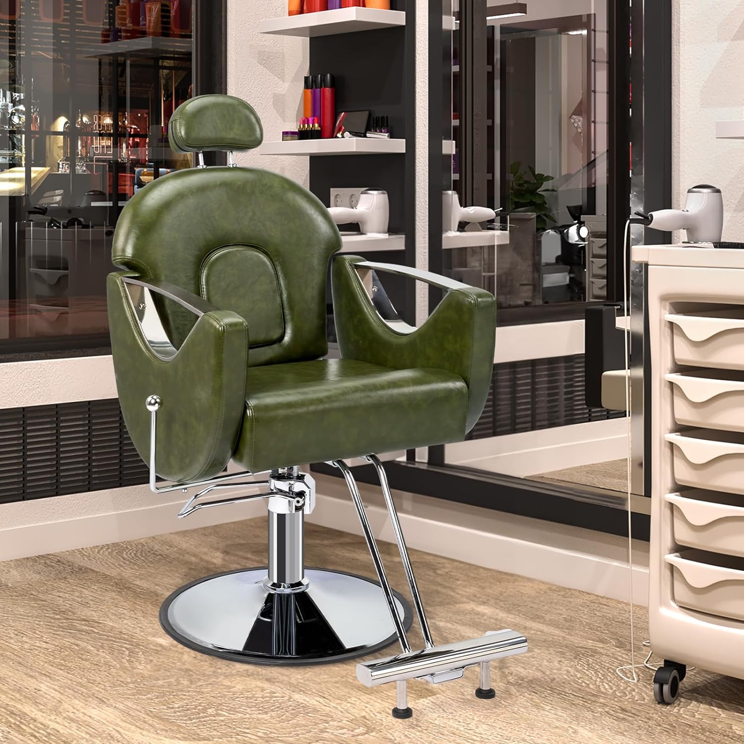 Left. Winado - Ergonomic Reclining Barber Chair Hydraulic Beauty Hair Salon Chair with Adjustable Headrest & Foot Rest for Barbershop - Green.
