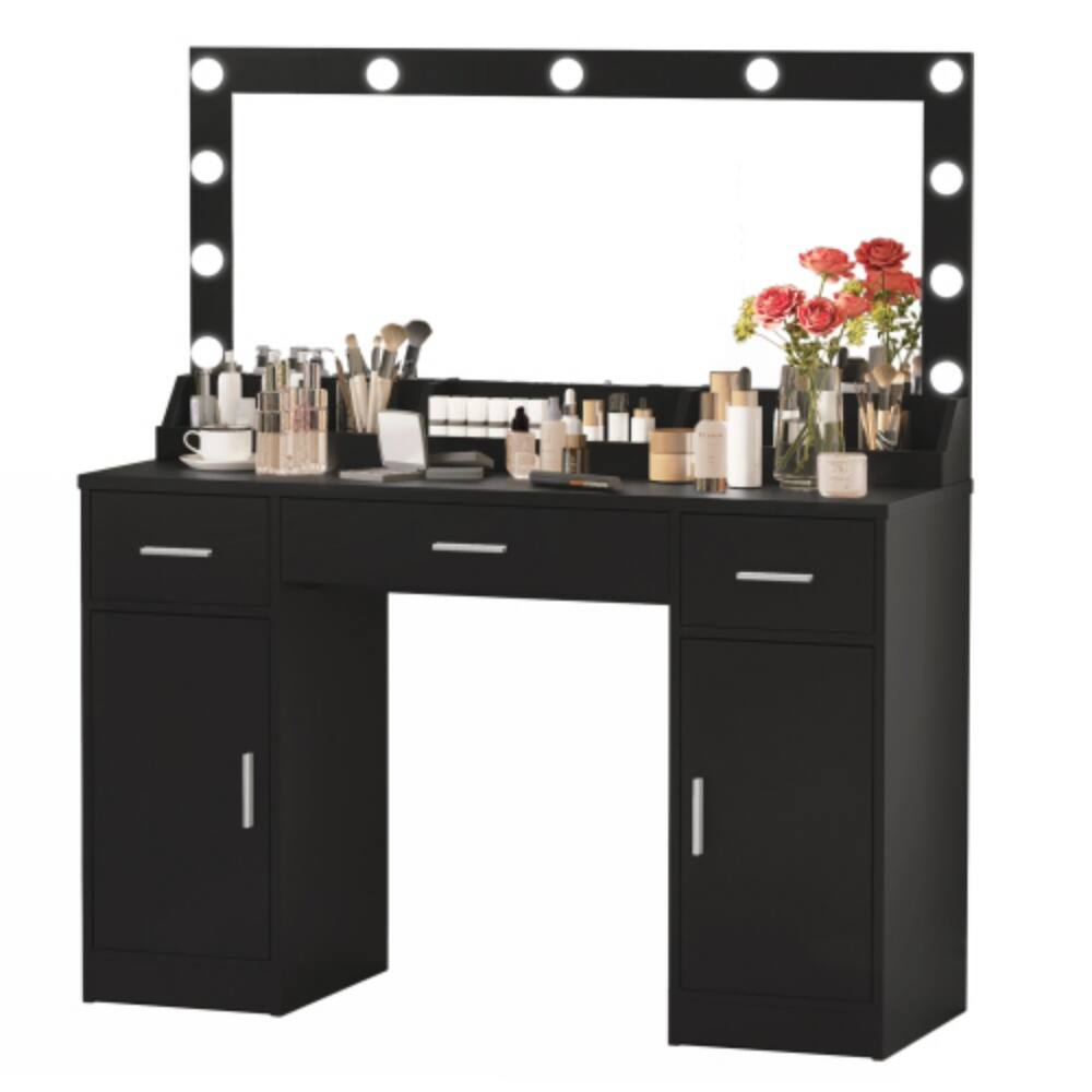 Alt View 2. LUCKY ONE - 47.2in Vanity Desk with Large LED Mirror, 3 Drawers and 2 Vertical Cabinets for Bedroom - Black.