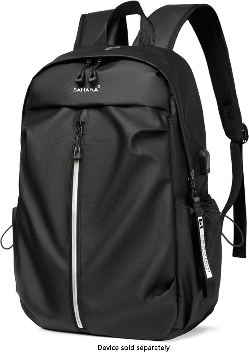 The image features a black backpack with a zippered pocket. The backpack is made by the brand Sahara and is designed to hold up to five devices, which are sold separately.