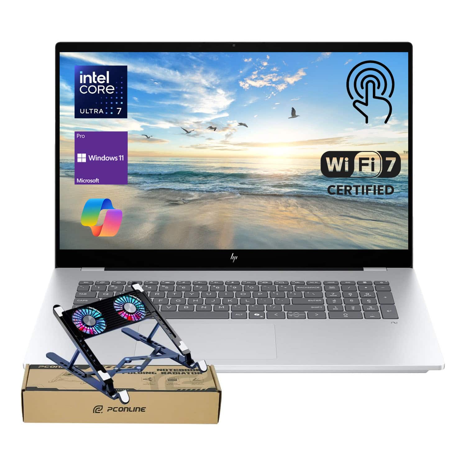 HP - OmniBook 7 17.3" FHD Touchscreen Laptop - Intel Core Ultra 7 258V - 32GB RAM - 2TB SSD - Backlit KB - PCO Laptop cooler - Silver