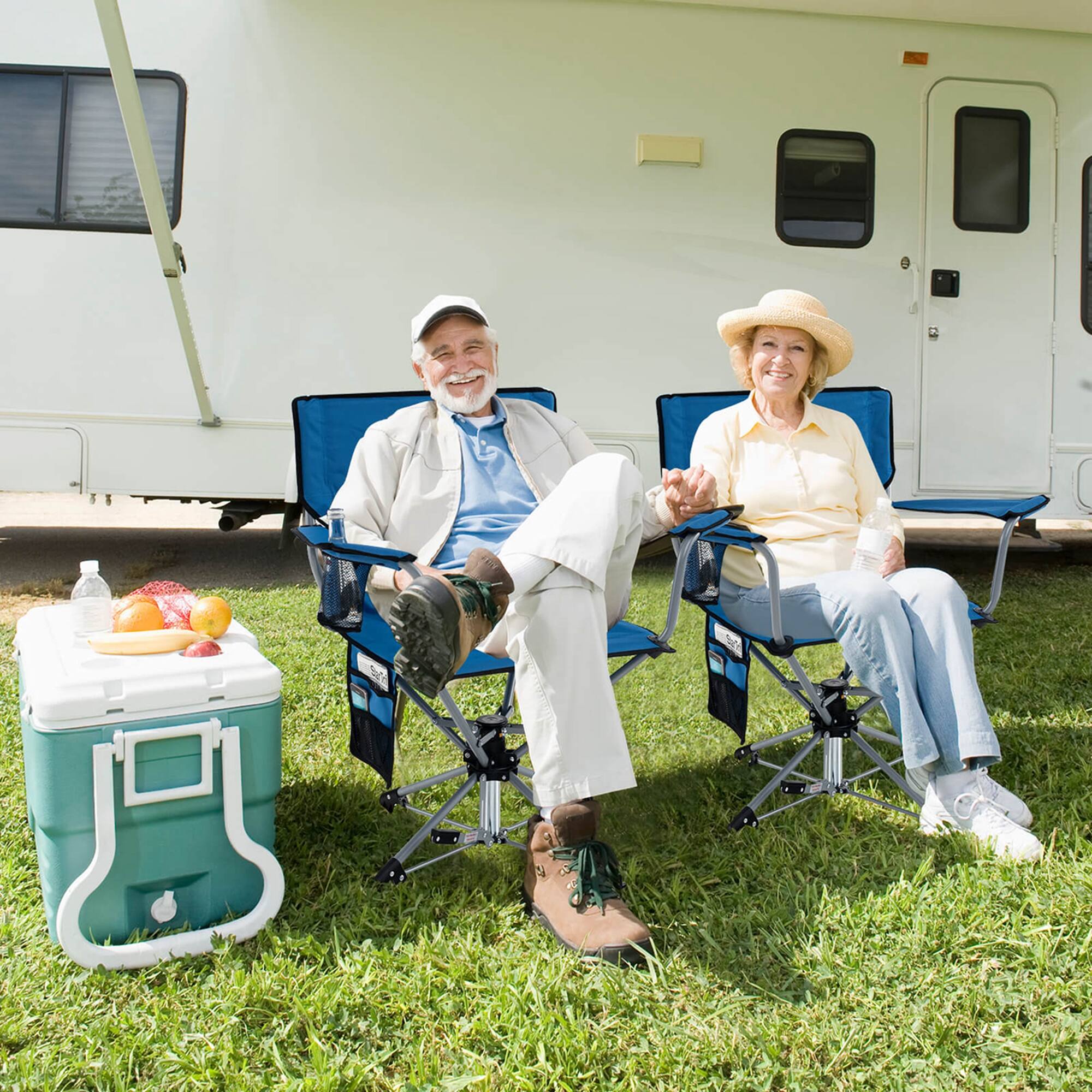 Angle. Costway - 360° Swivel Hunting Chair with Mesh Cup Holder & Storage Pockets Cozy Backrest Blue - Blue.