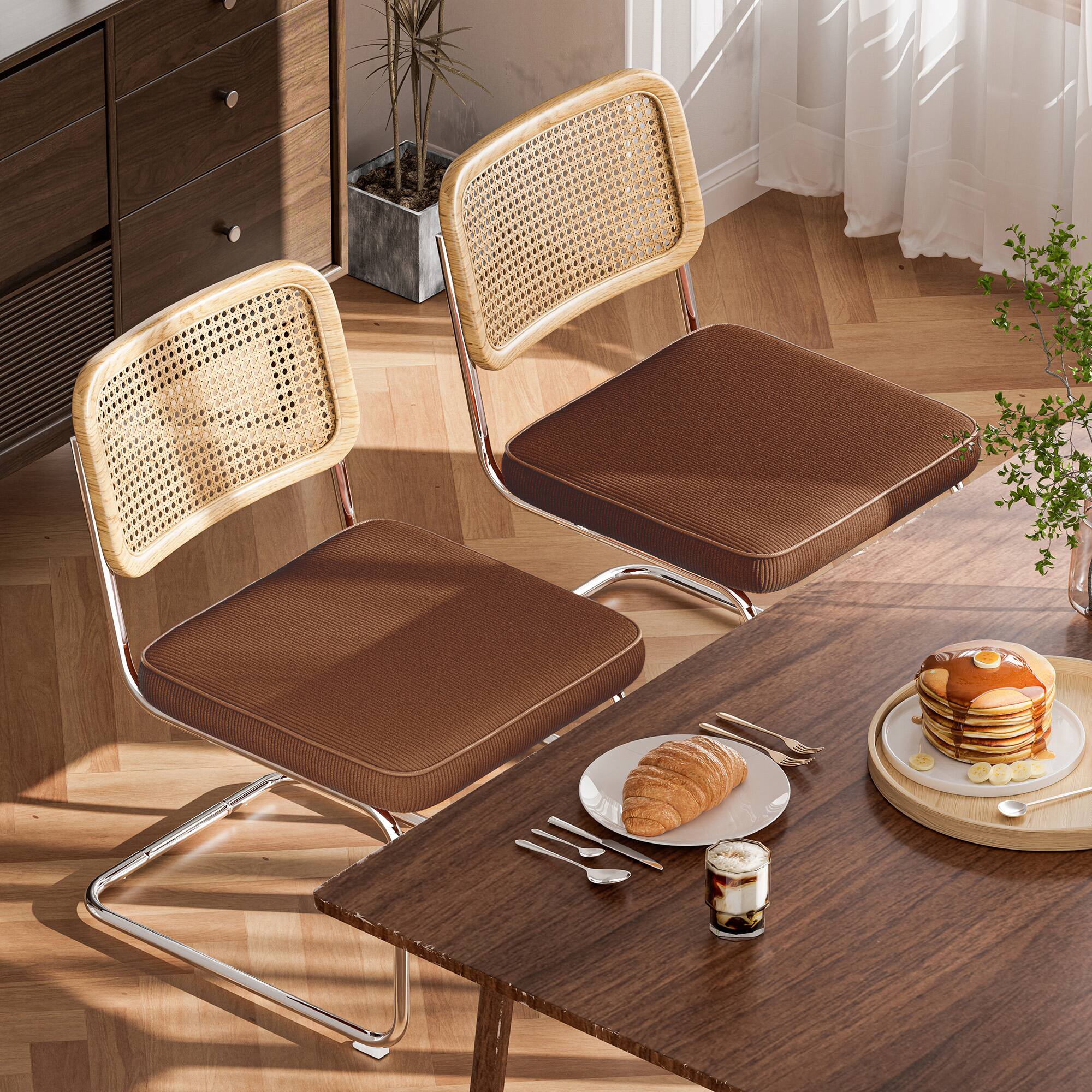 Front. KERDOM - Rattan Dining Chairs 2 Pcs Set With Foot Pads, Mid-Century Style Velvet, Cesca Style, Farmhouse Boho Garden Accent Chair - Brown.