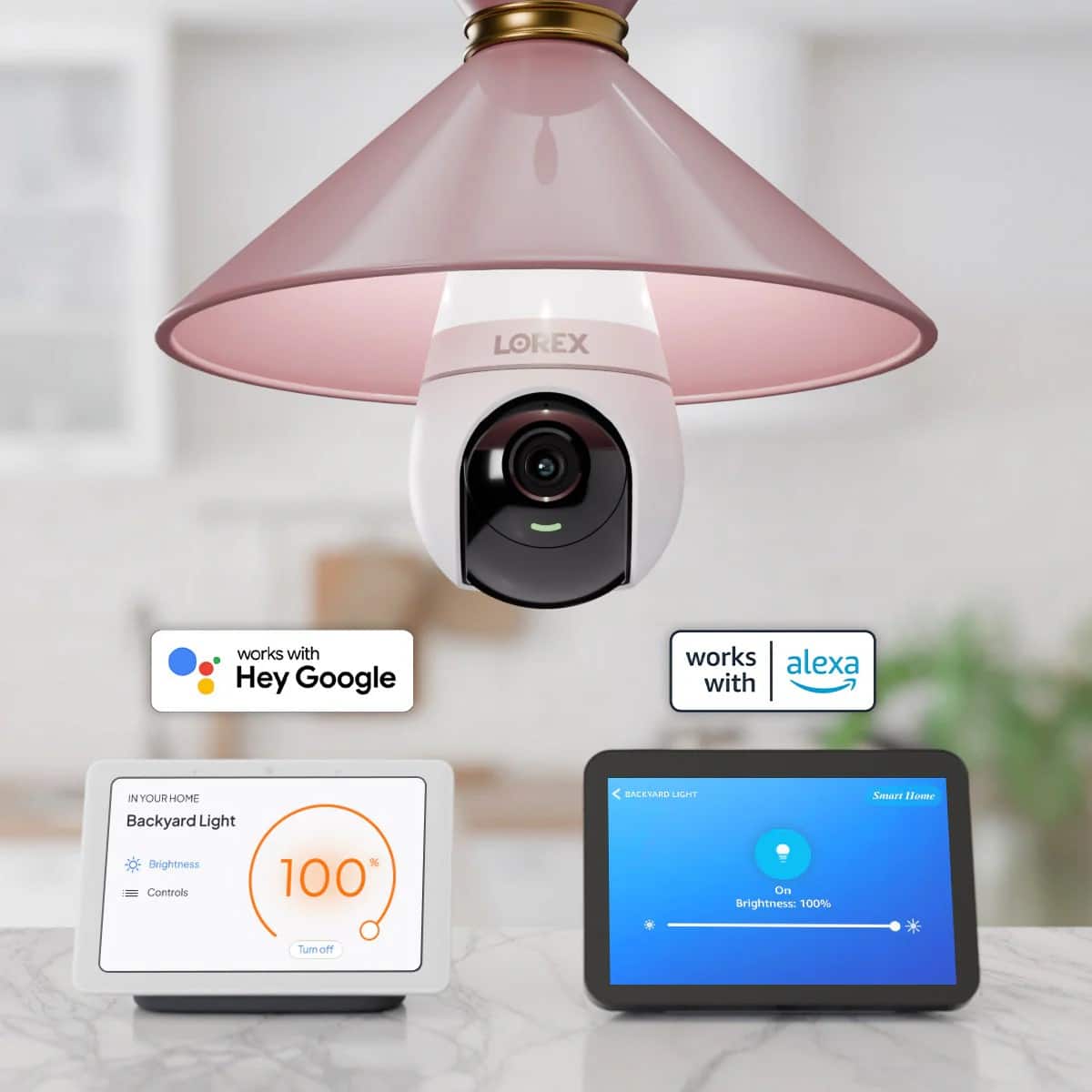 LOREX works with Hey Google and works with Alexa in your home. The Backyard Light Smart Home Brightness Controls 100% Brightness.