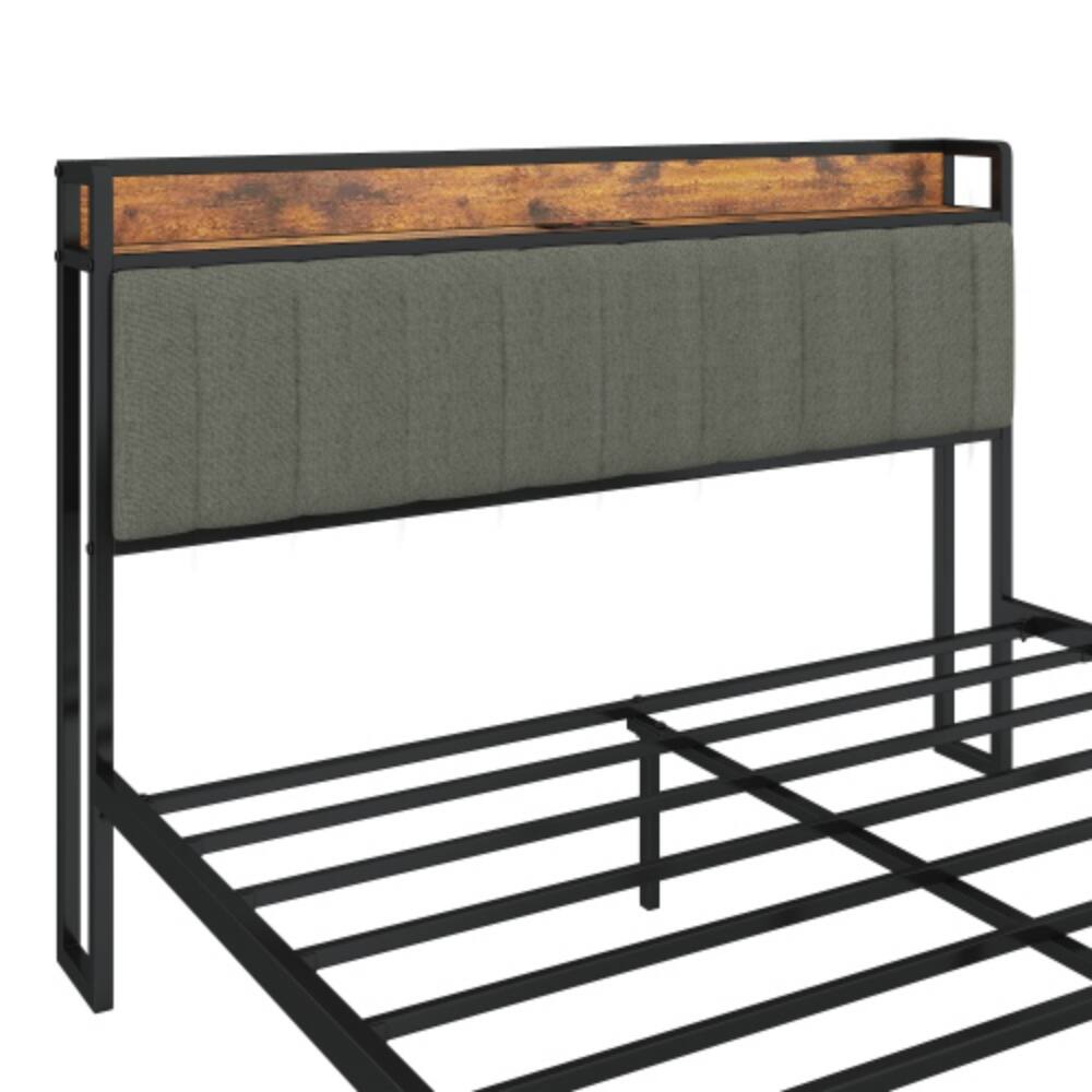 Left. LUCKY ONE - King Size Platform Bed Frame with USB Outlets, Heavy Duty Metal Slats, No Box Spring Needed, Under-Bed Storage - Light Gray.
