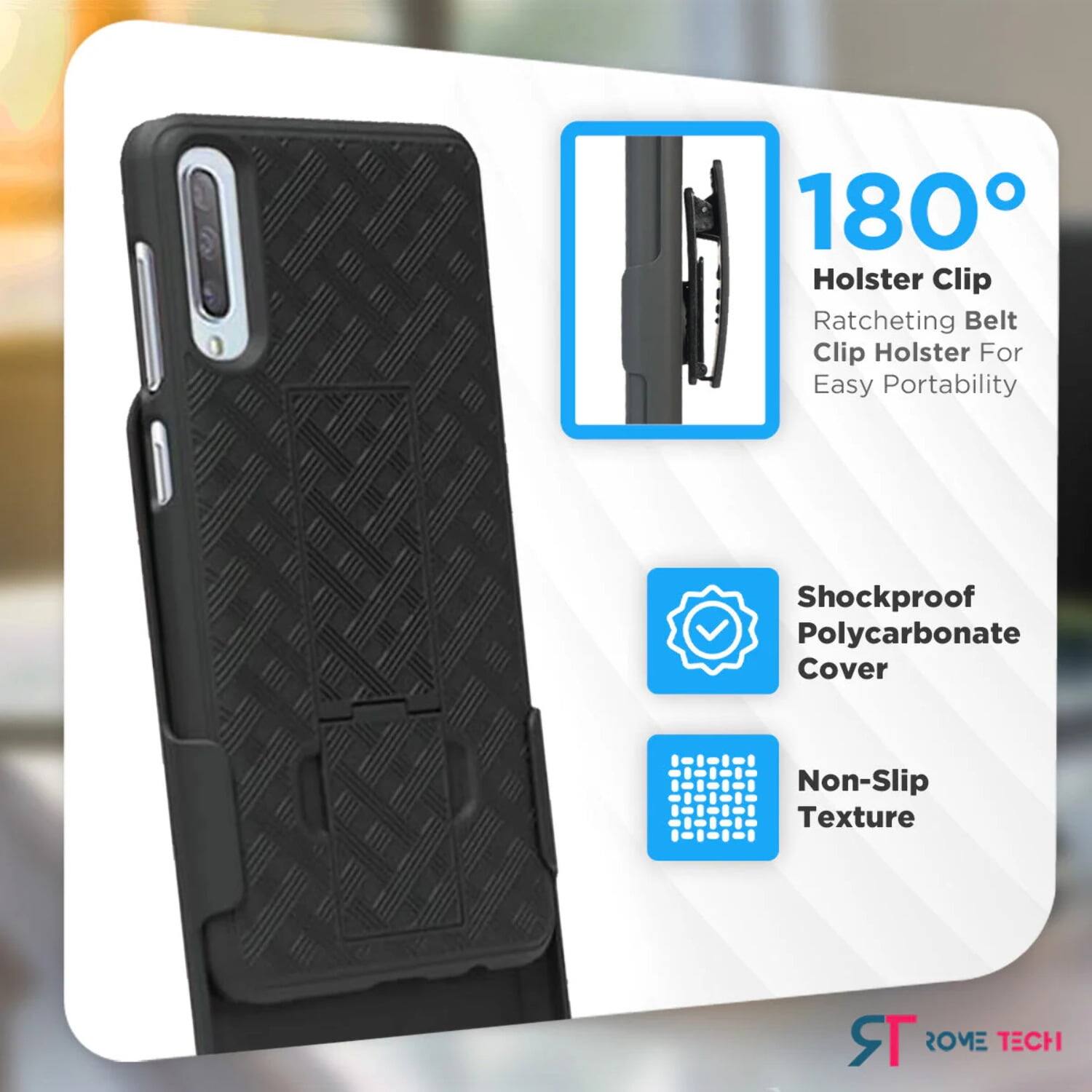 180° Holster Clip  
Ratcheting Belt Clip Holster For Easy Portability  
Shockproof Polycarbonate Cover  
Non-Slip Texture  

ROME TECH